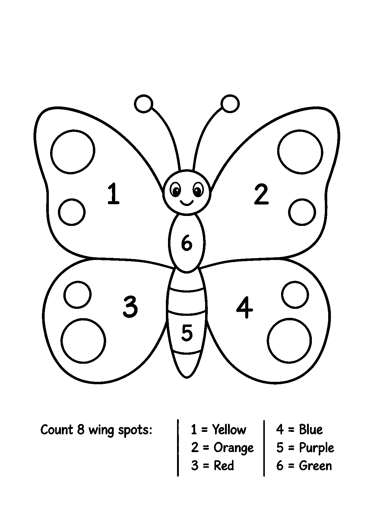 Butterfly color-by-number worksheet with eight spots on its wings