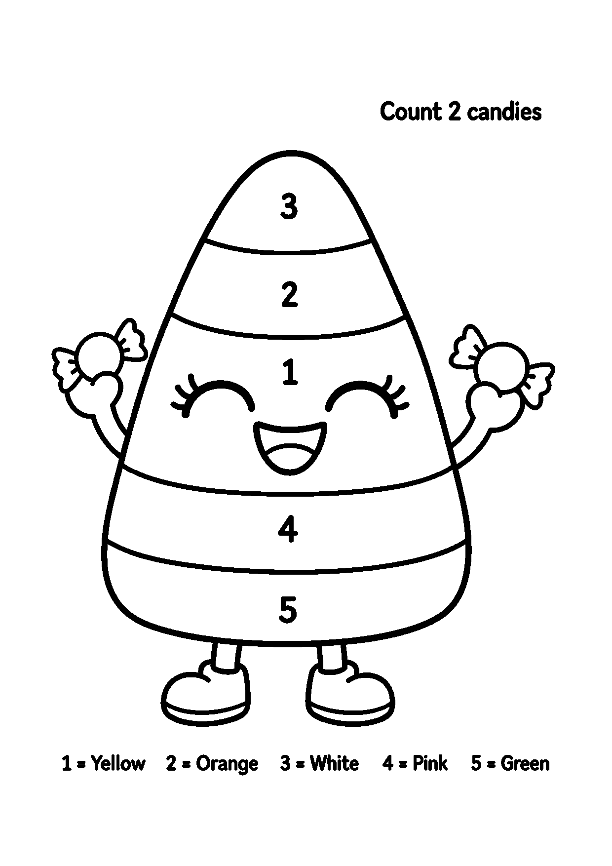 Candy corn color-by-number worksheet with two candies held by the character