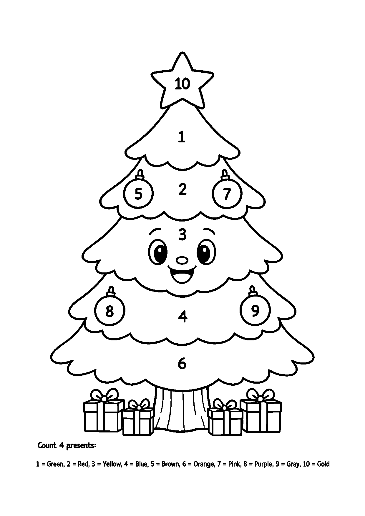Christmas tree color-by-number worksheet with four presents around the tree base