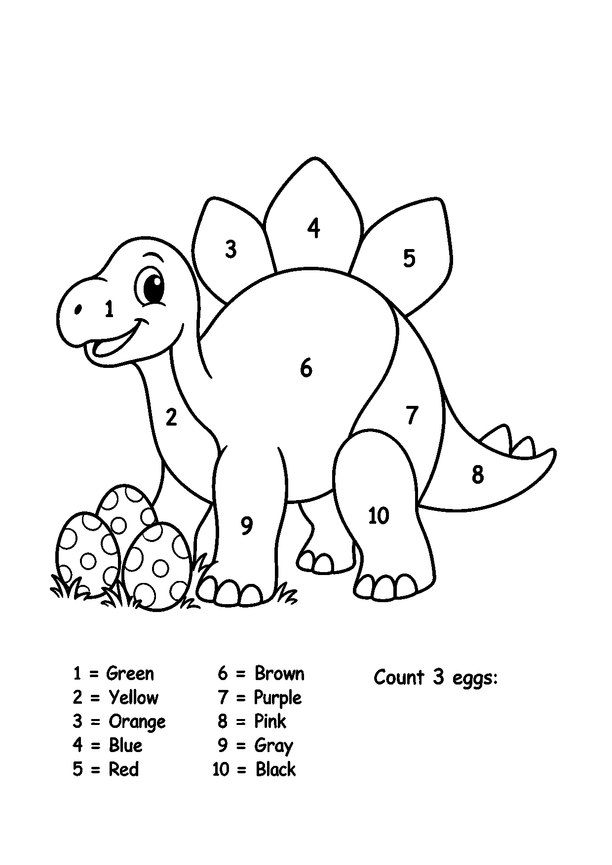 Dinosaur color-by-number worksheet with three eggs beside the dinosaur