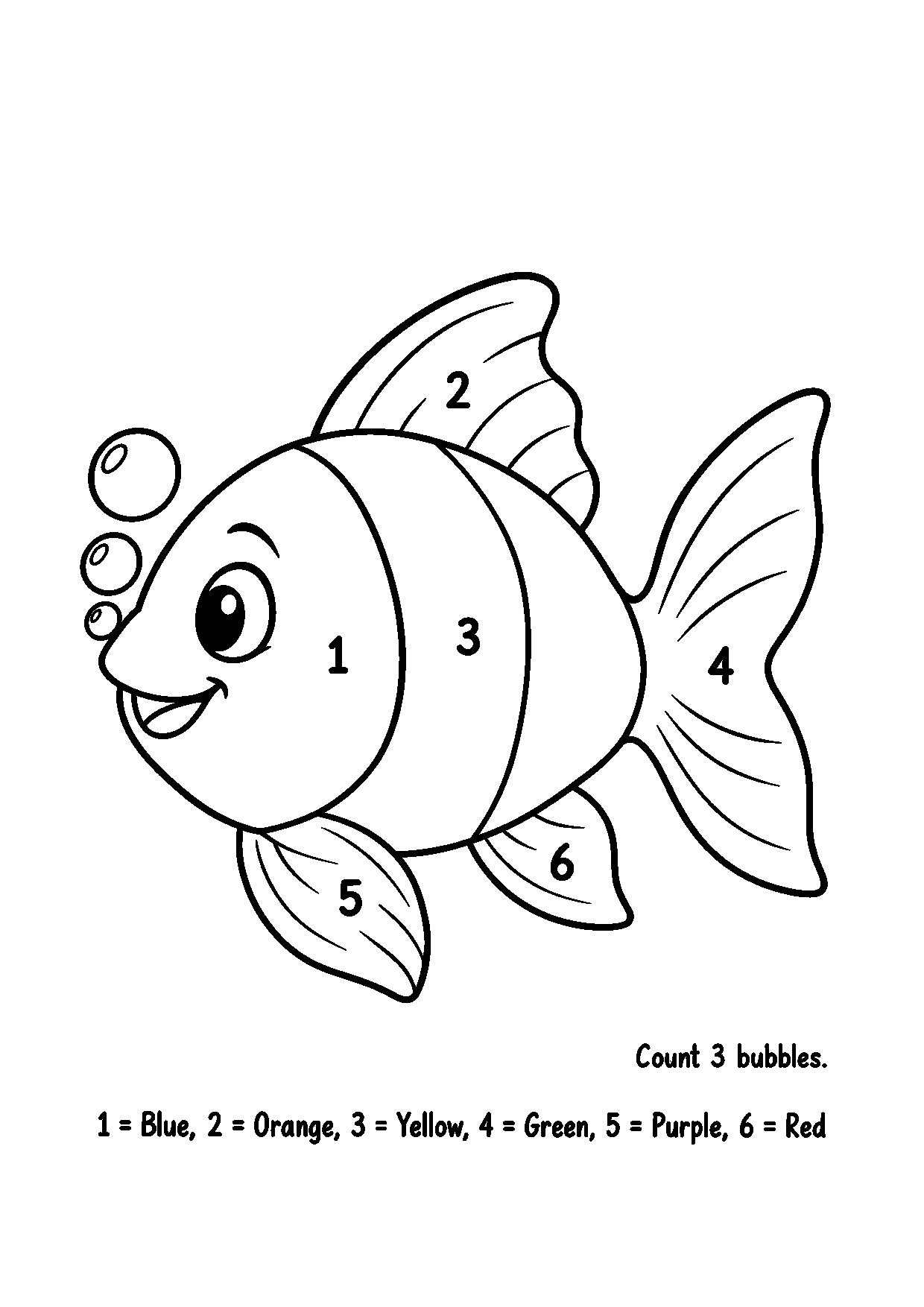 Fish color-by-number worksheet with three bubbles in front of its mouth
