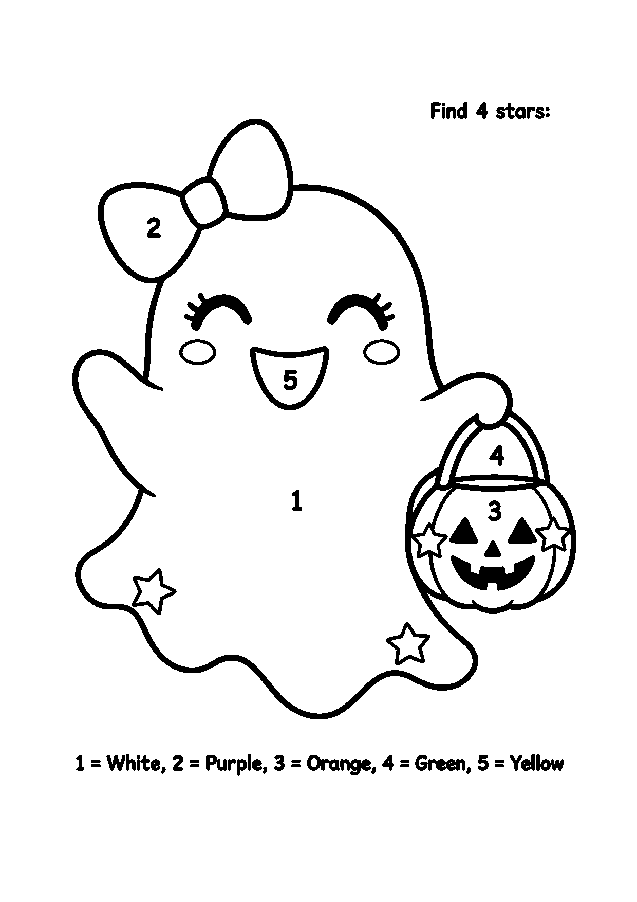 Ghost color-by-number worksheet with four stars on the ghost and bucket