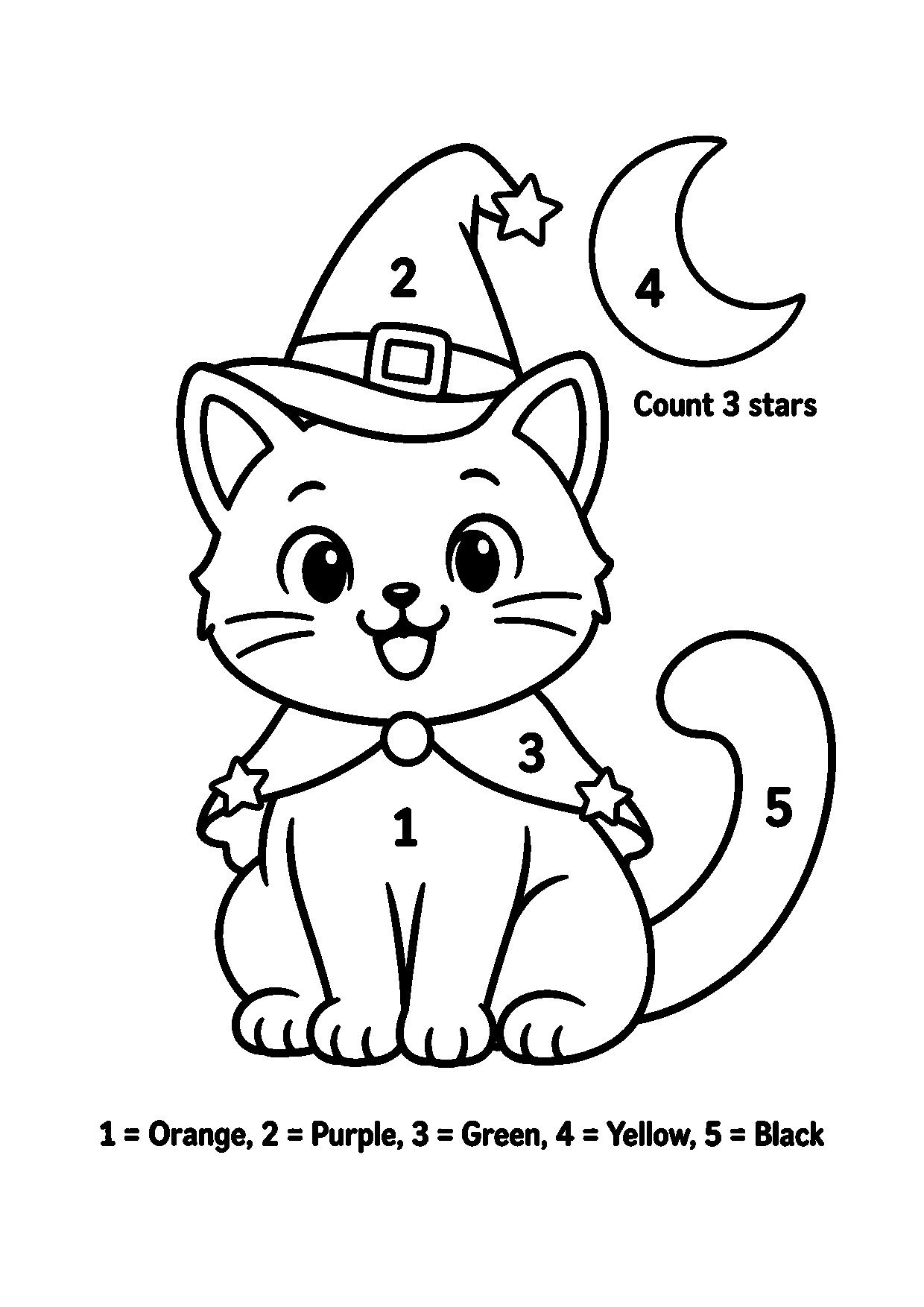 Halloween cat color-by-number worksheet with stars on the cat