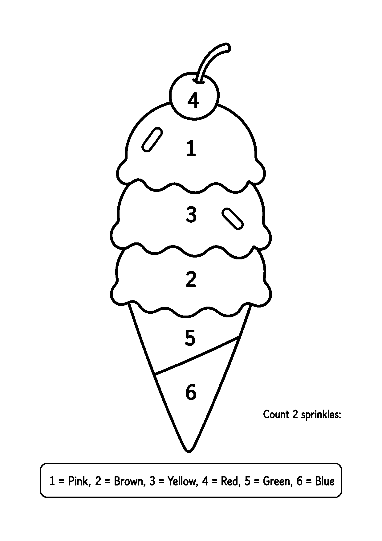 Ice cream color-by-number worksheet with two sprinkles on its scoops