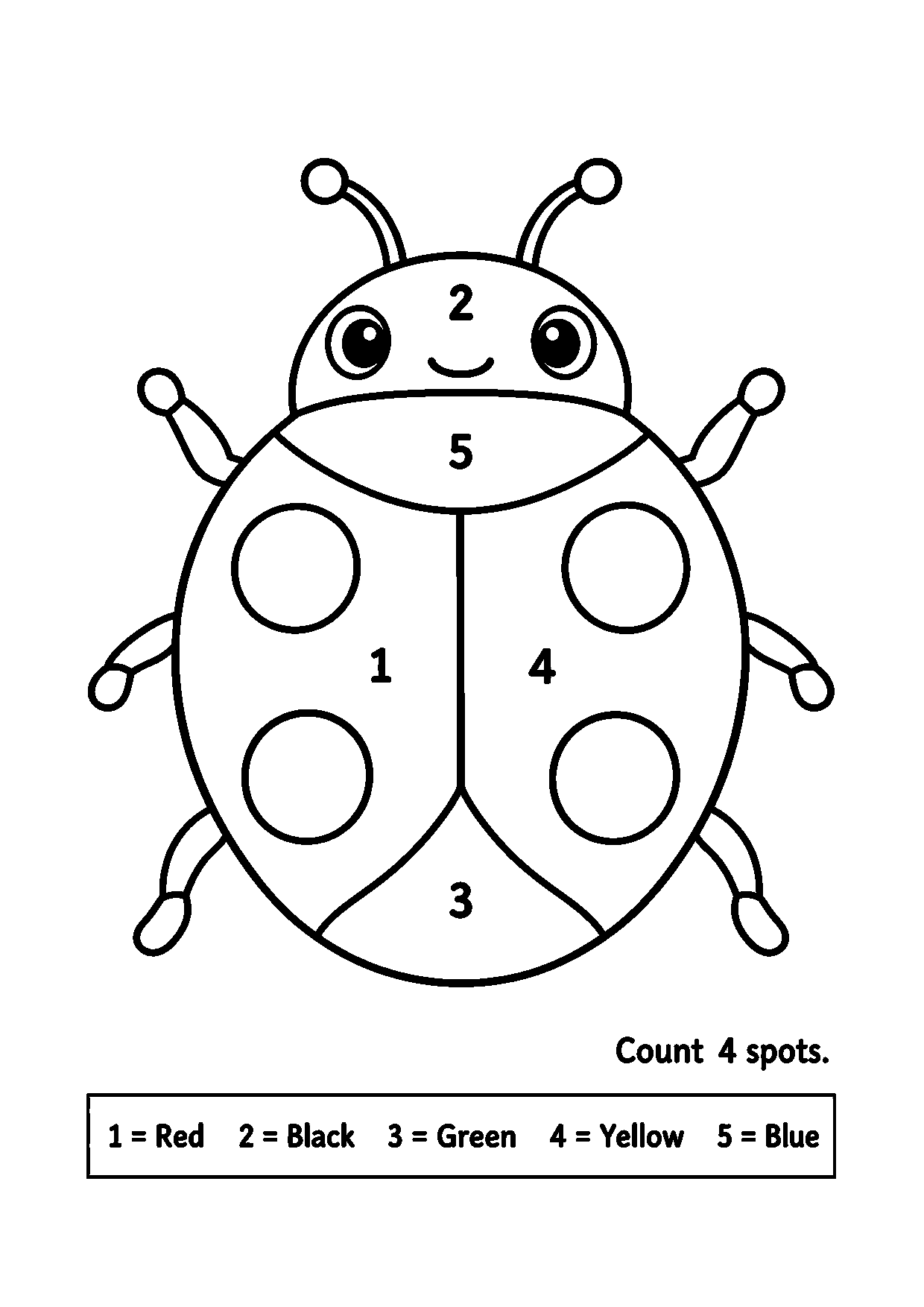 Ladybug color-by-number worksheet with four spots on its shell