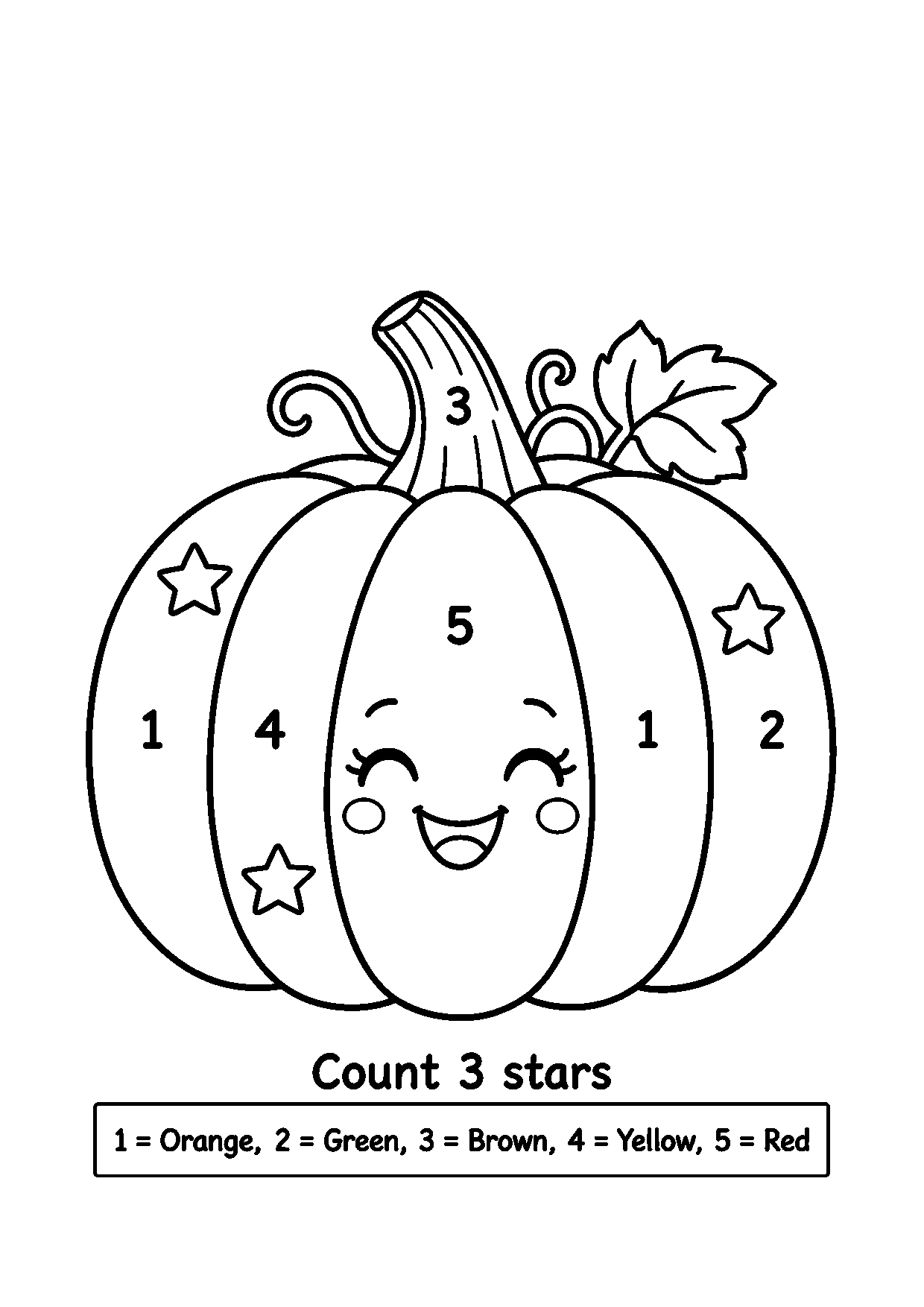 Pumpkin color-by-number worksheet with three stars on the pumpkin
