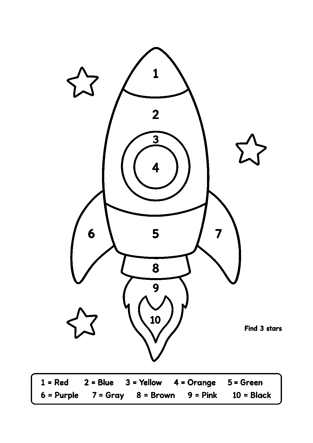 Rocket color-by-number worksheet with three stars around the rocket