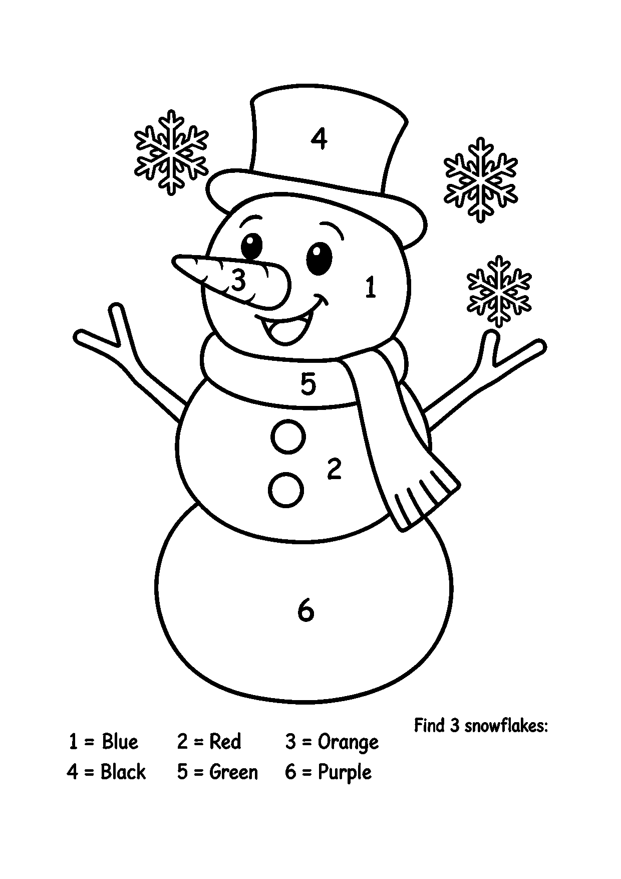 Snowman color-by-number worksheet with three snowflakes in the scene