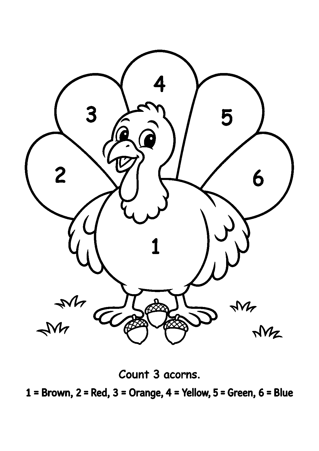Turkey color-by-number worksheet with three acorns at the turkey's feet