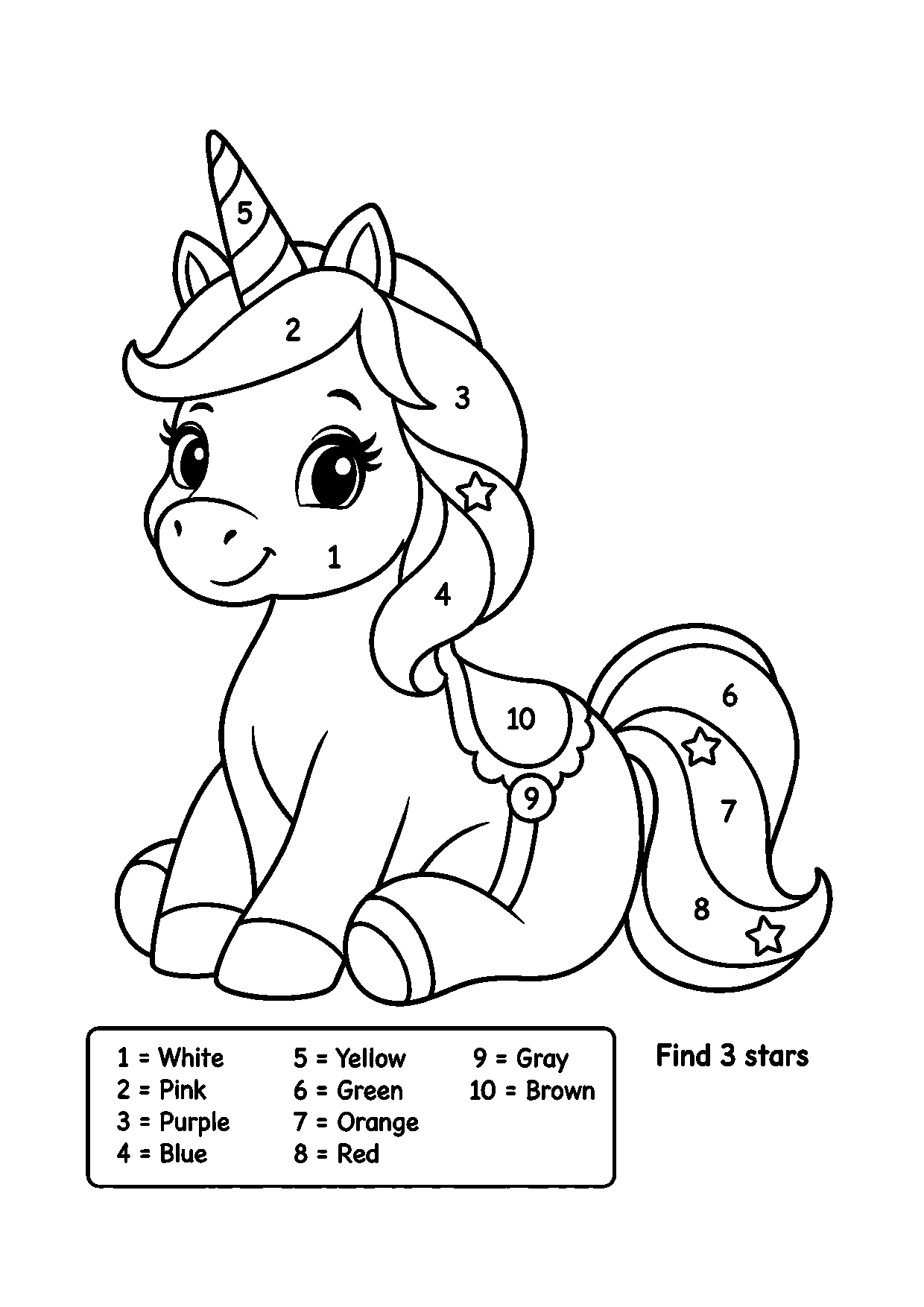 Unicorn color-by-number worksheet with three stars in the mane and tail