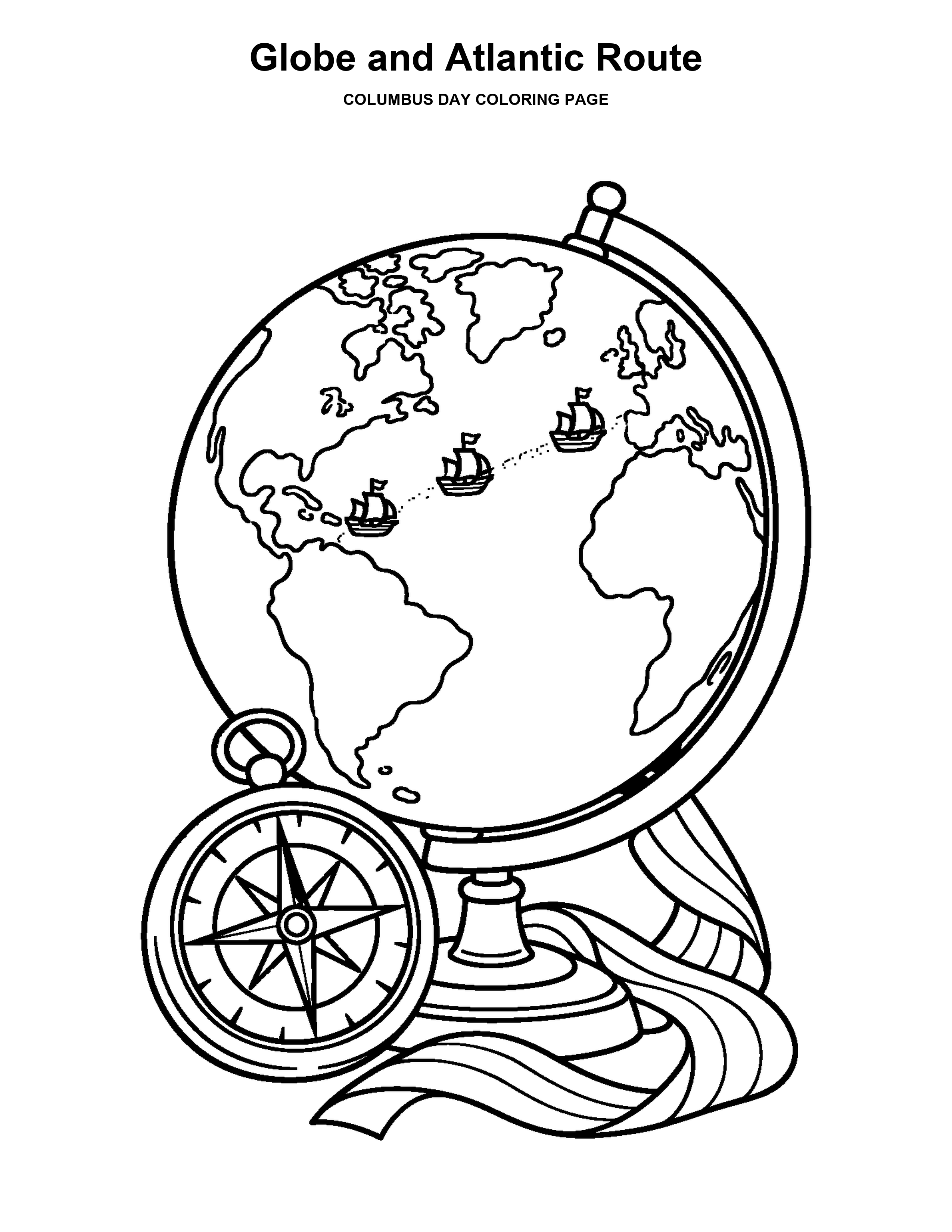 Globe and Atlantic Route coloring page: A globe shows a simple ocean route marked by tiny ships.