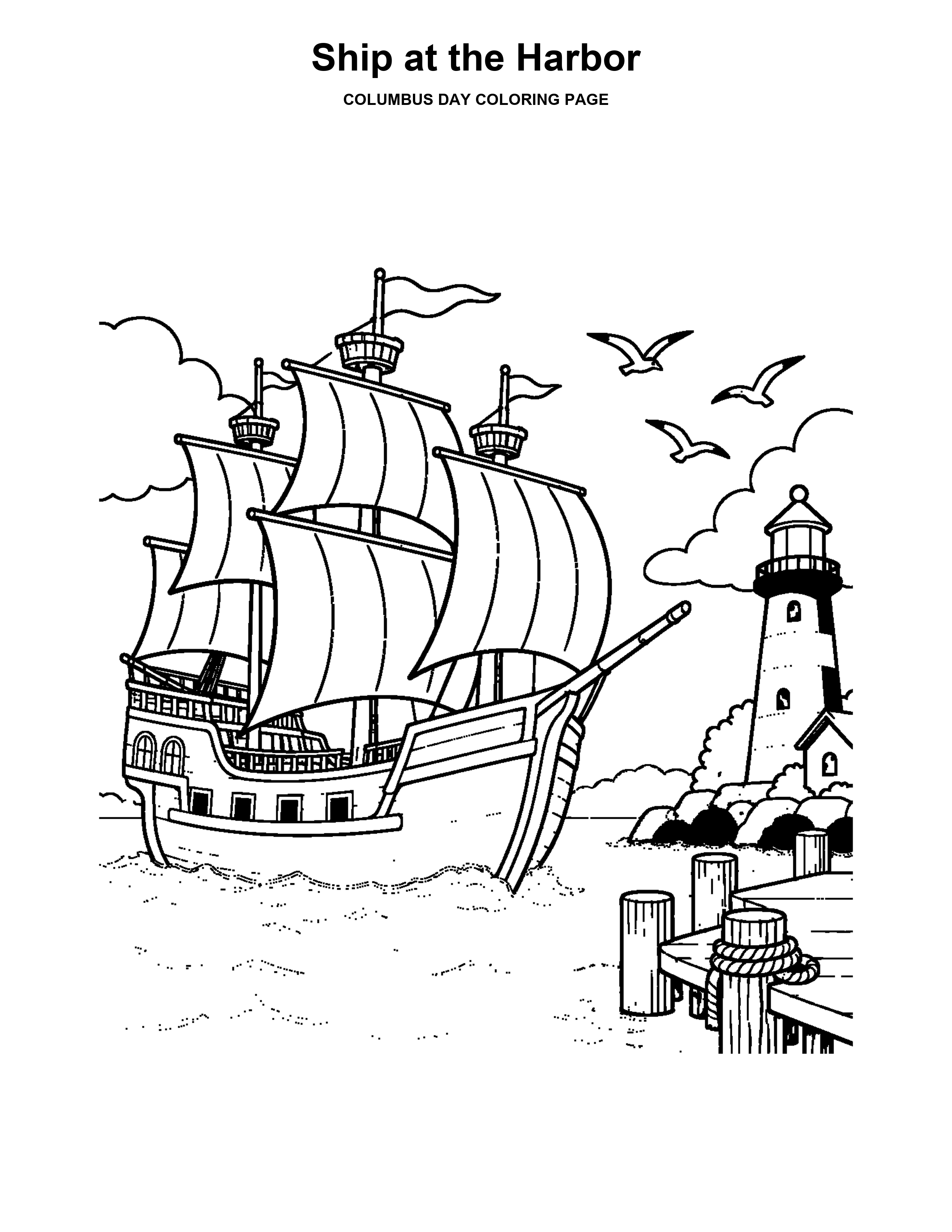 Ship at the Harbor coloring page: A sailing ship approaches a harbor lighthouse.