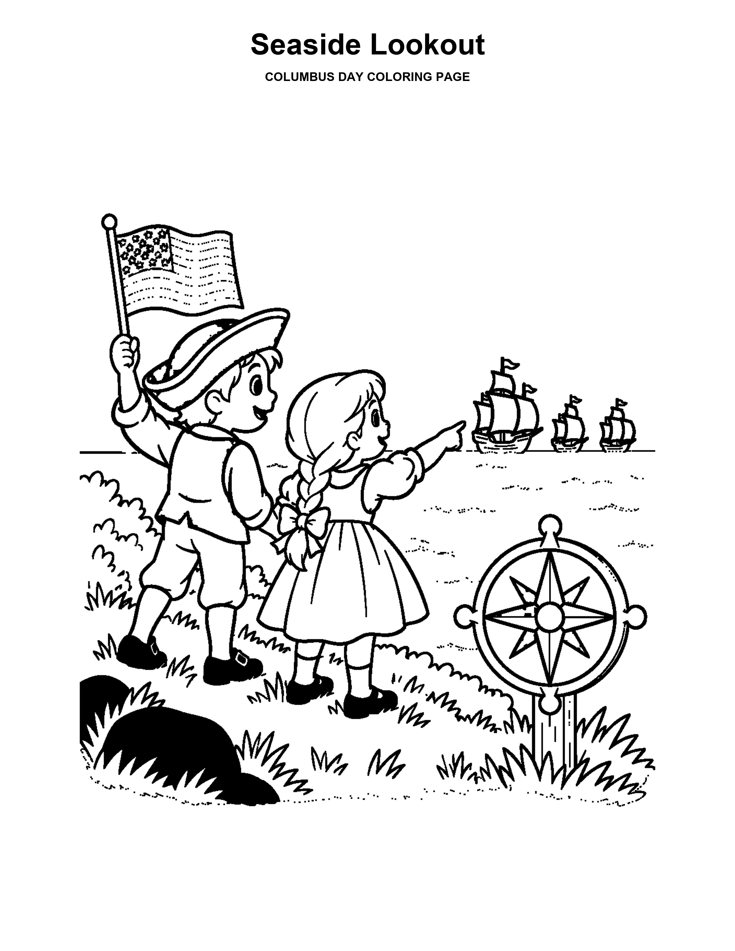 Seaside Lookout coloring page: Two children spot sailing ships from a grassy lookout.