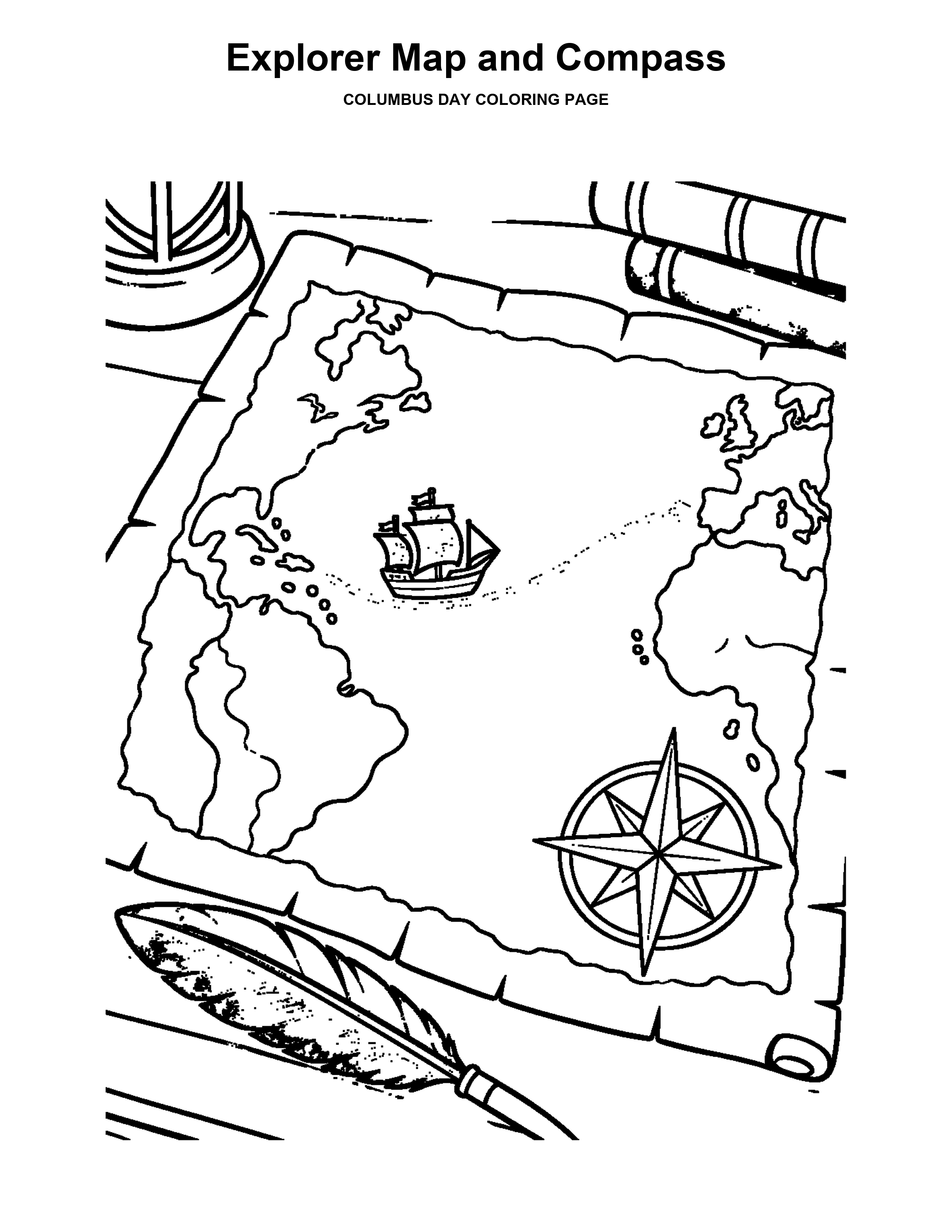 Explorer Map and Compass coloring page: A sailing route crosses a simple map beside a compass and quill.
