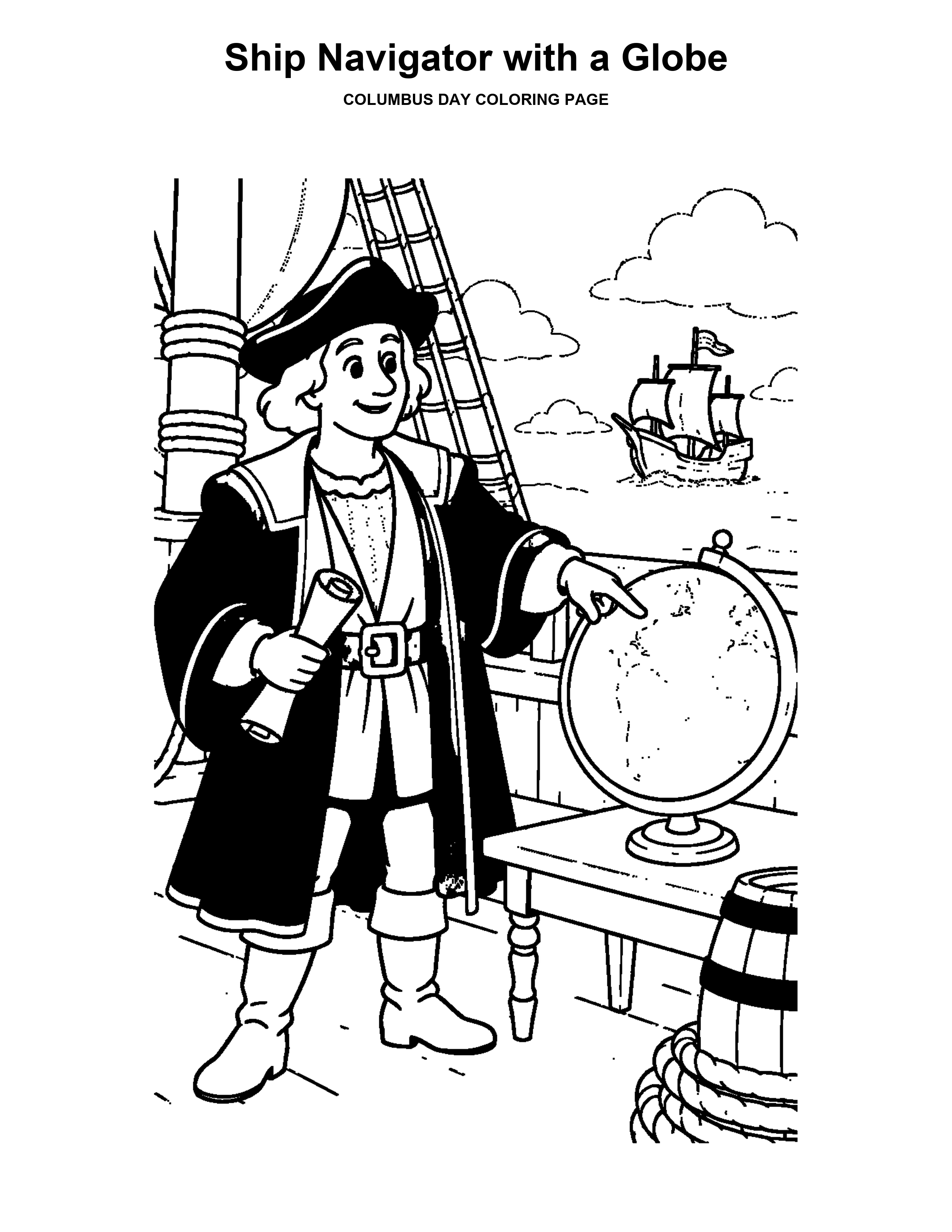 Ship Navigator with a Globe coloring page: A ship navigator points toward a globe on deck.