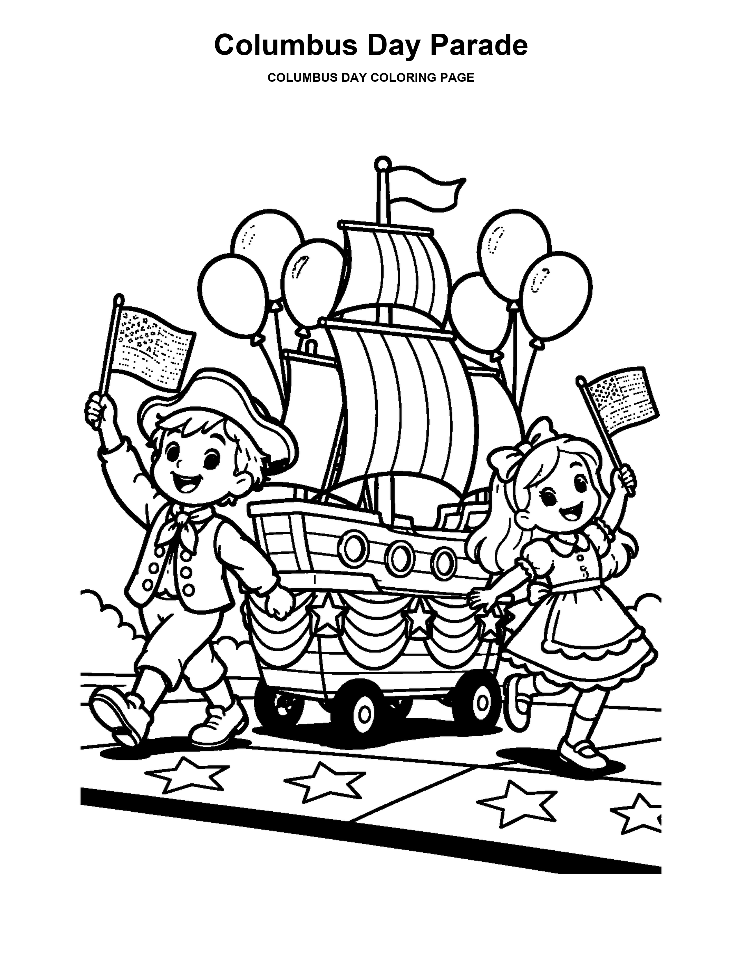 Columbus Day Parade coloring page: Children walk beside a small ship-themed parade wagon.