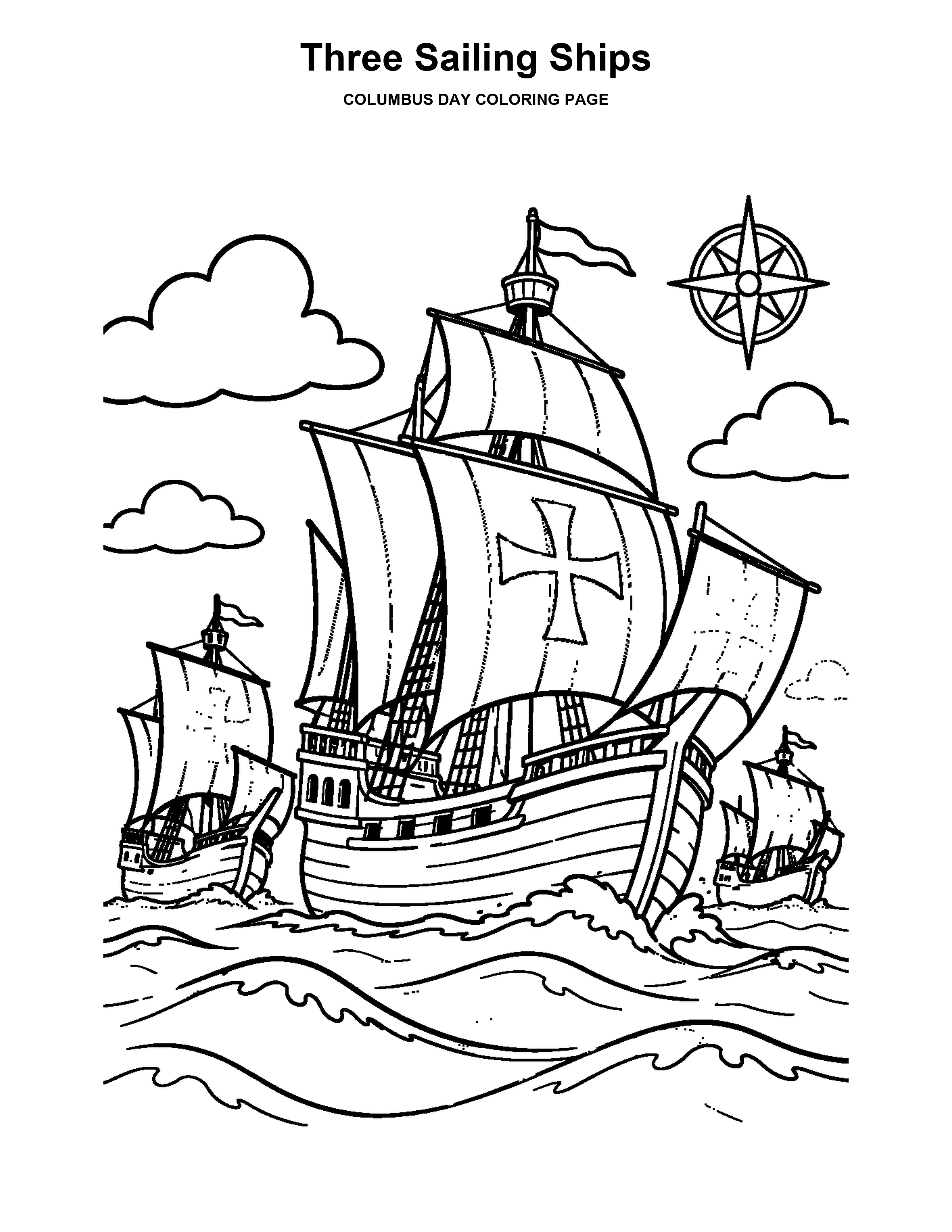 Three Sailing Ships coloring page: Three wooden sailing ships travel together across the Atlantic.