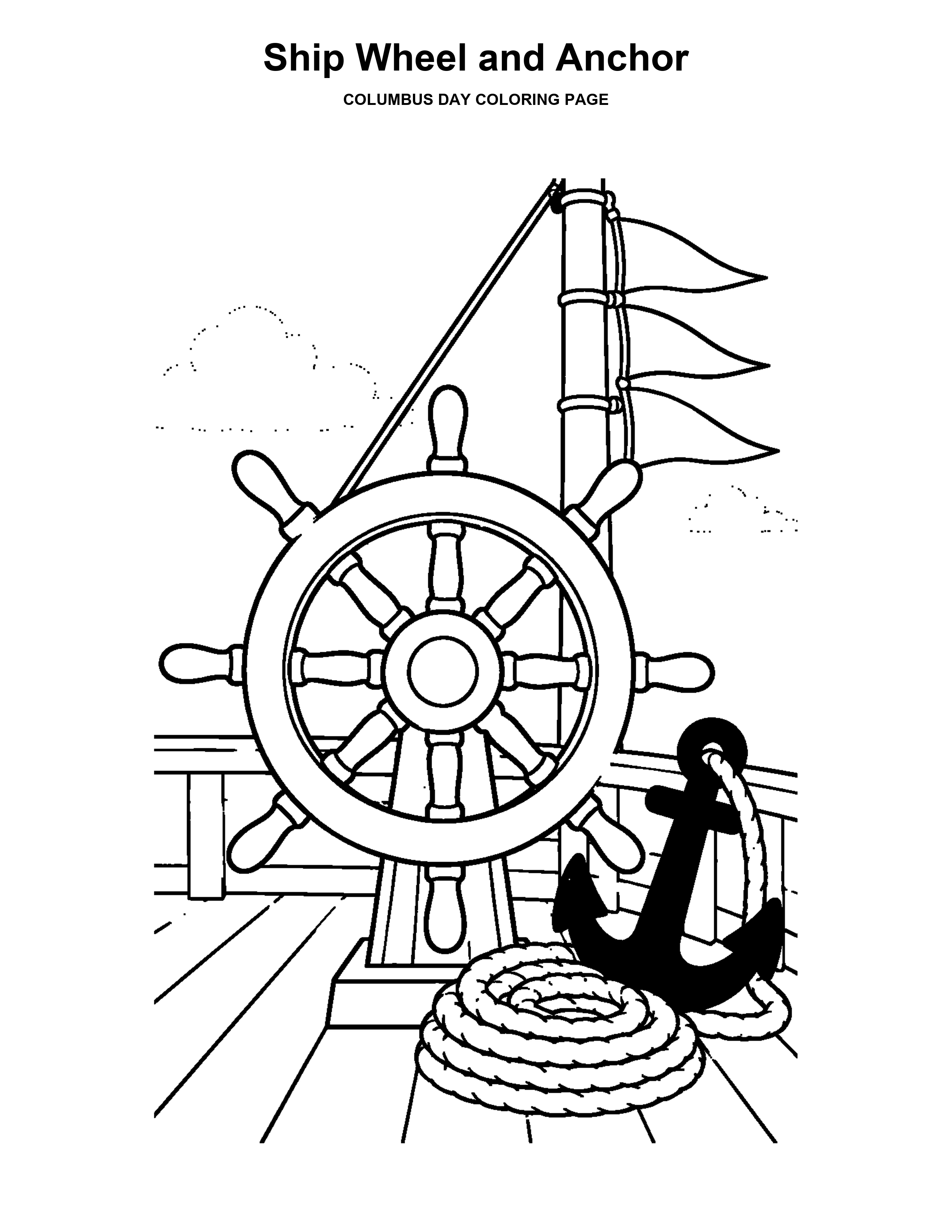 Ship Wheel and Anchor coloring page: A ship wheel, coiled rope, anchor, and bright pennants.