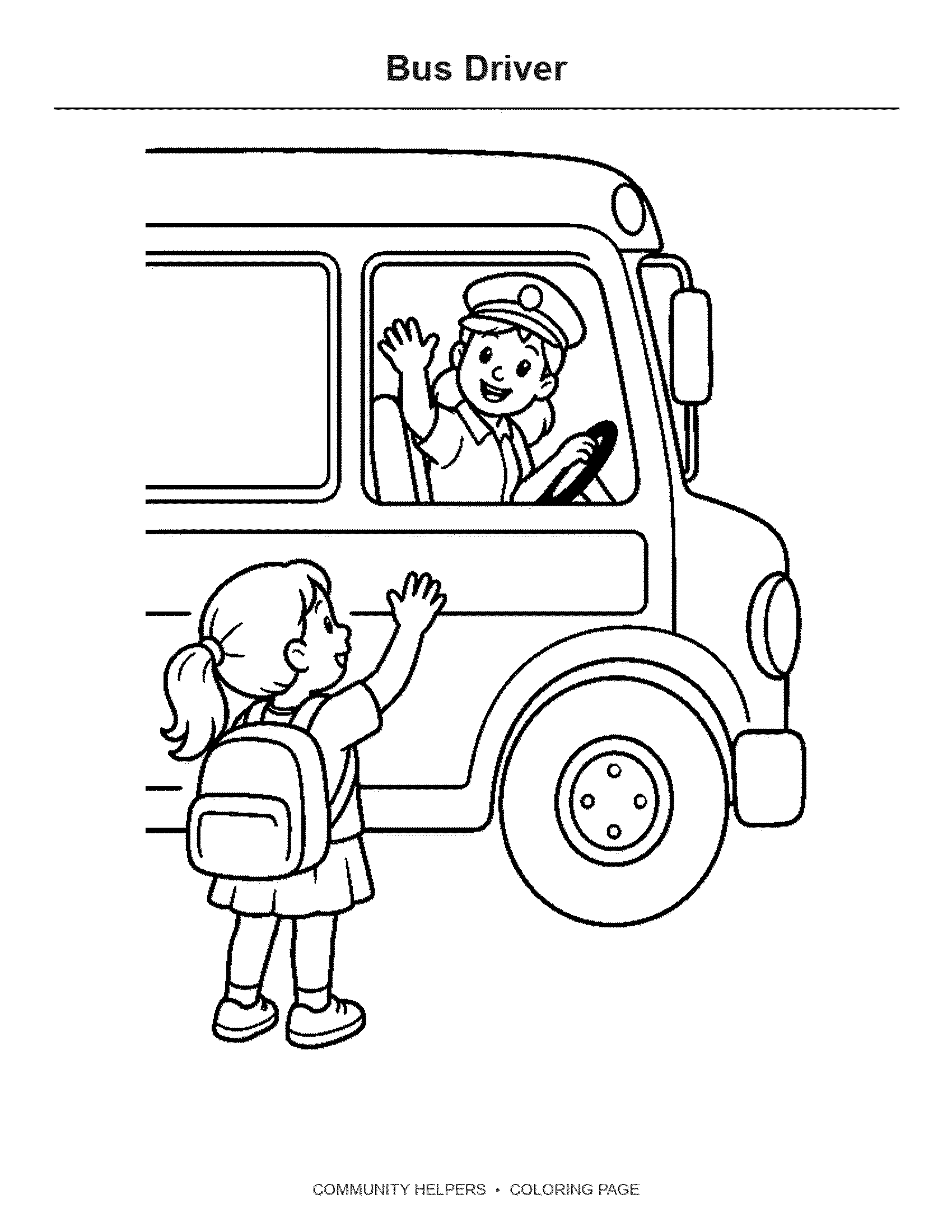 Bus Driver Coloring Page: A bus driver smiles from the seat and holds the steering wheel.