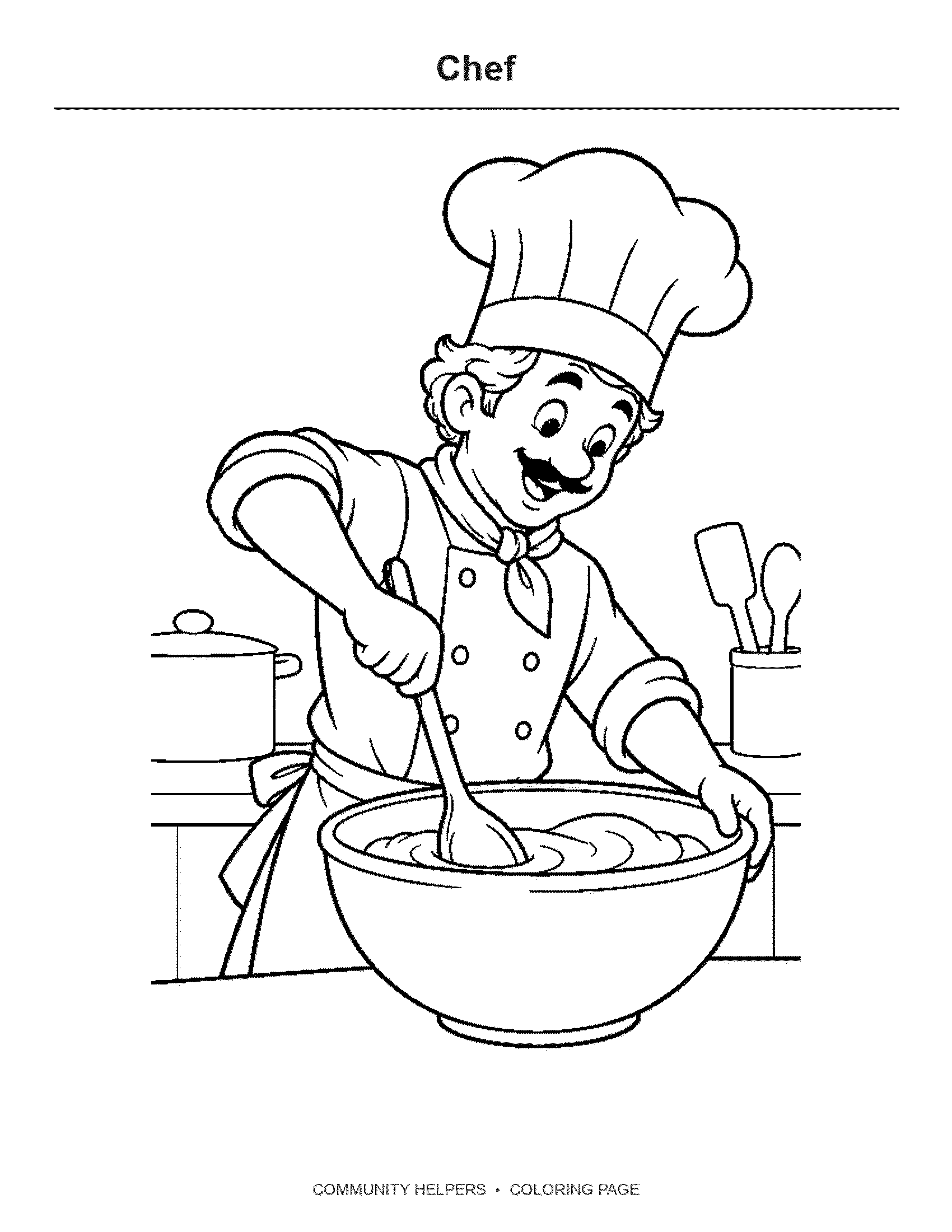 Chef Coloring Page: A chef stirs a large mixing bowl on the kitchen counter.