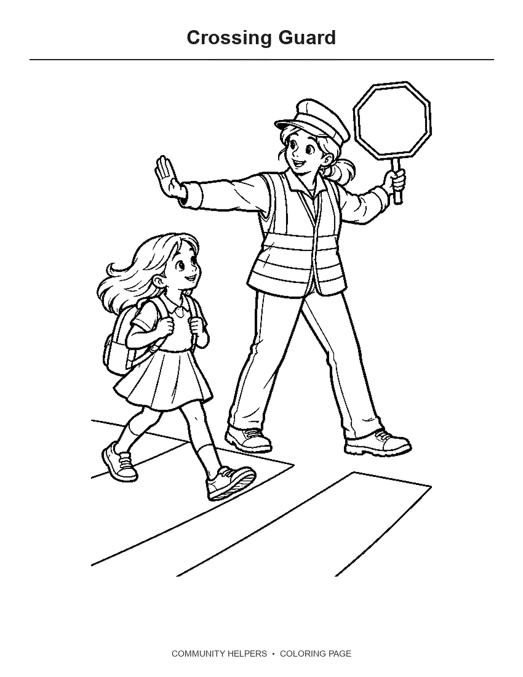 Crossing Guard Coloring Page: A crossing guard raises a stop sign beside a wide crosswalk.