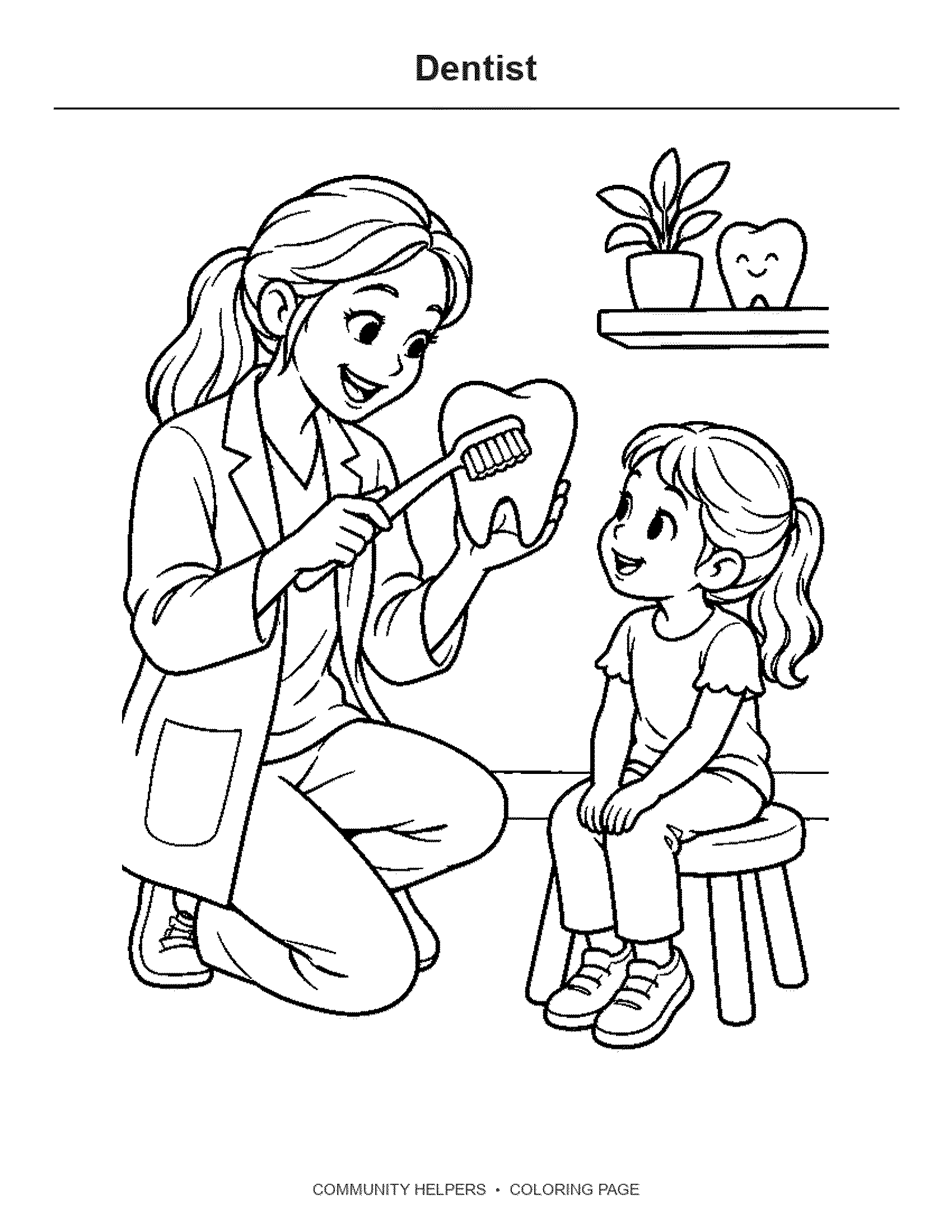 Dentist Coloring Page: A dentist shows a big tooth model and a toothbrush.