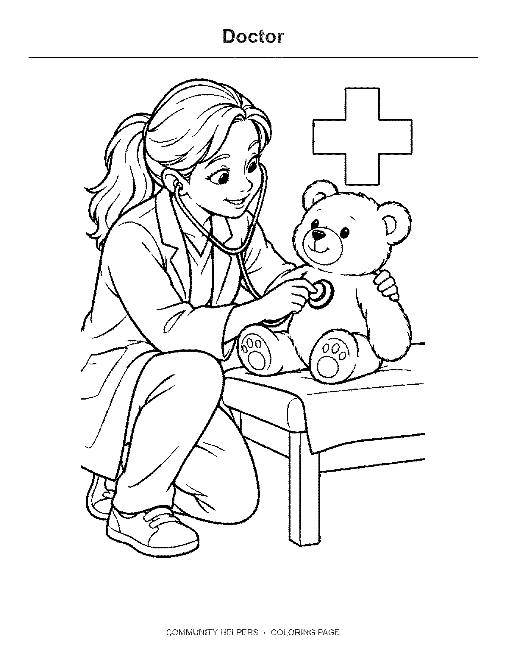 Doctor Coloring Page: A doctor listens with a stethoscope and holds a simple checkup card.