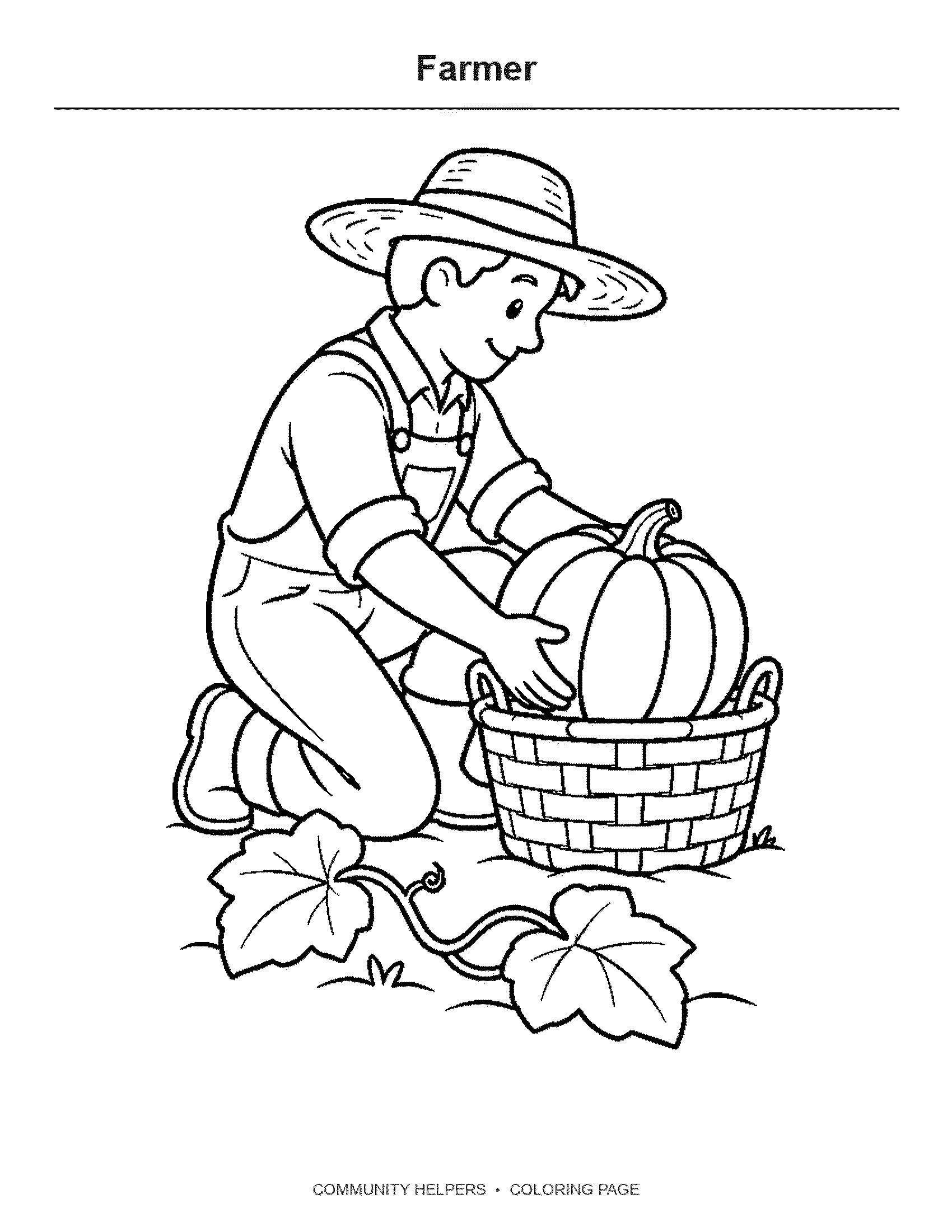 Farmer Coloring Page: A farmer plants a seedling in a neat garden row.