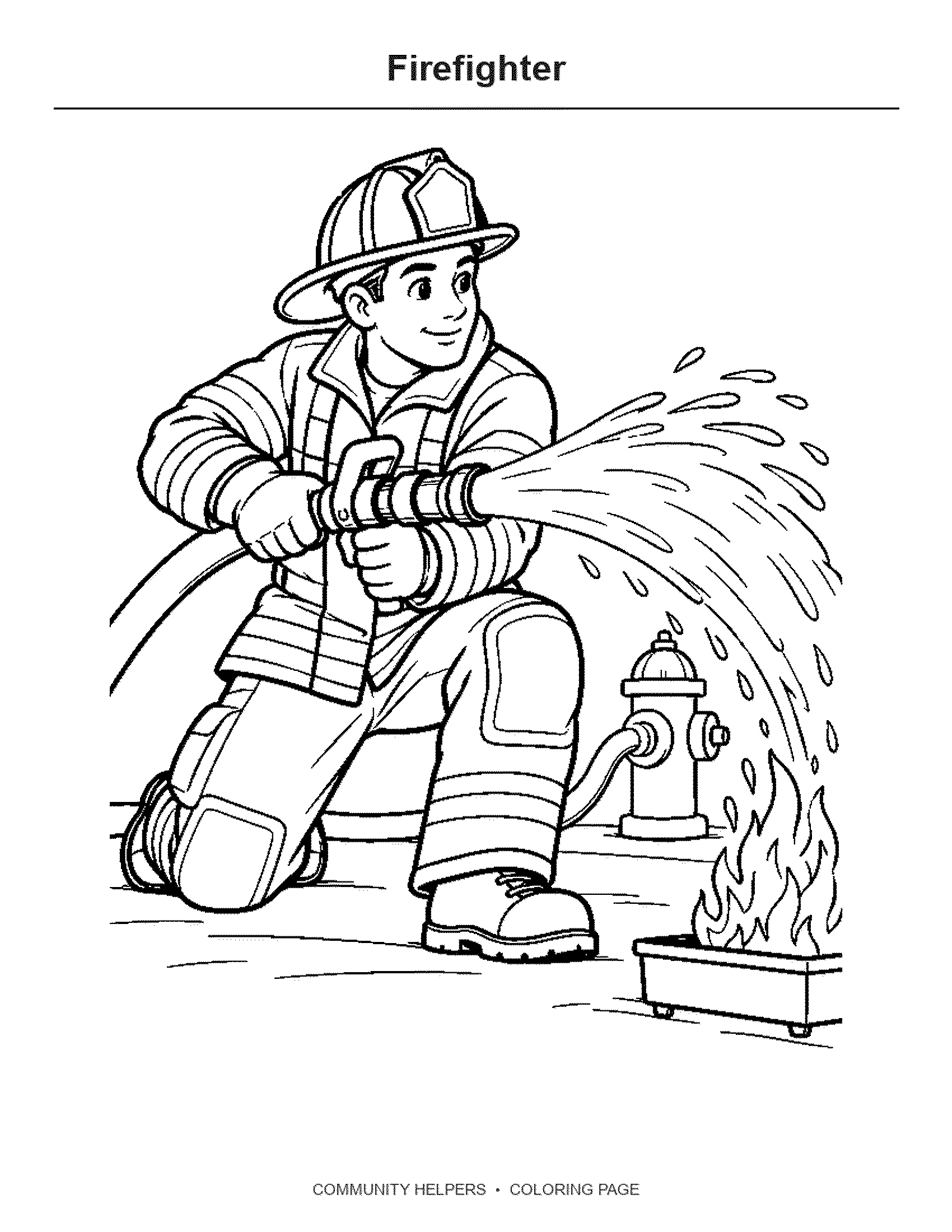 Firefighter Coloring Page: A firefighter kneels to guide a hose toward a small practice flame.