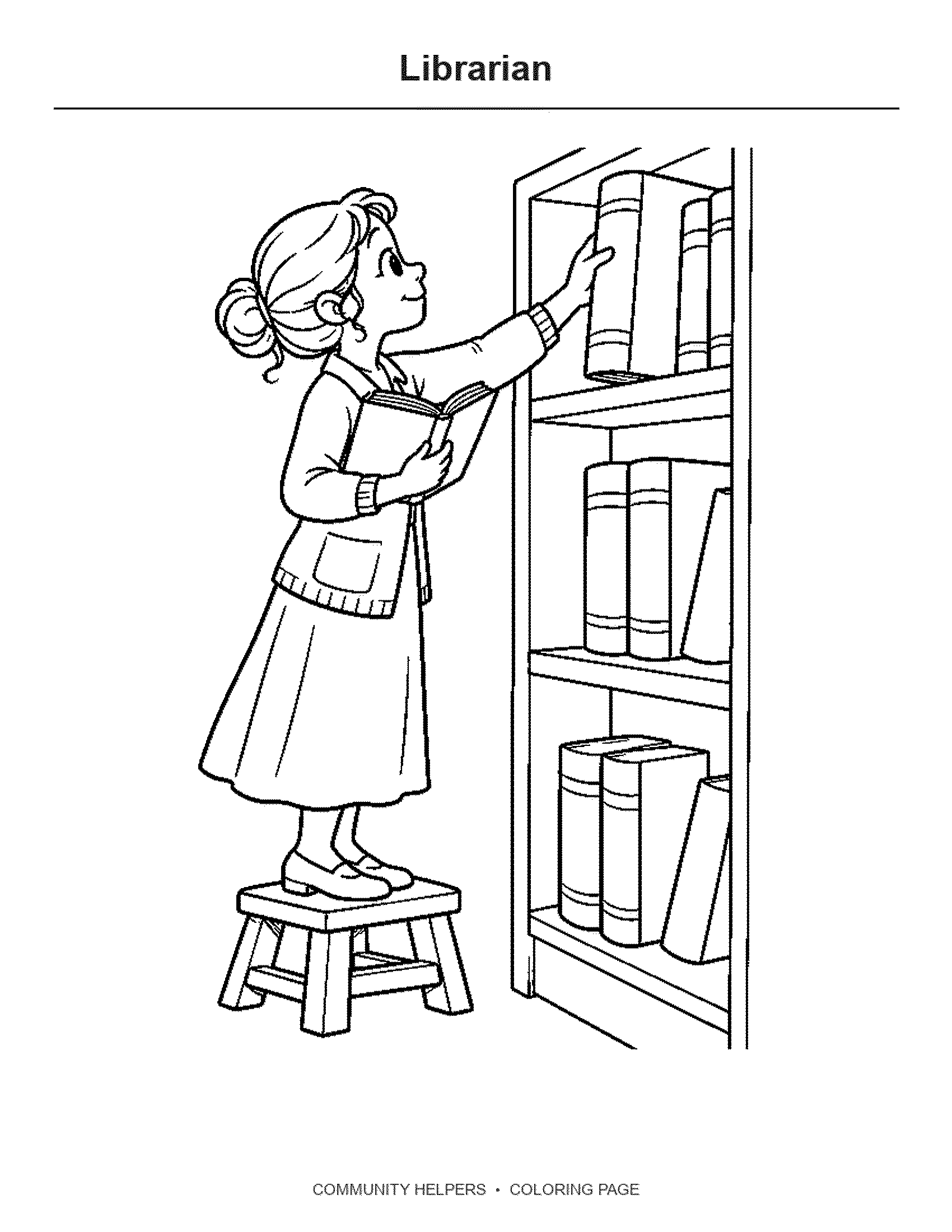 Librarian Coloring Page: A librarian sits with an open book beside two low shelves.