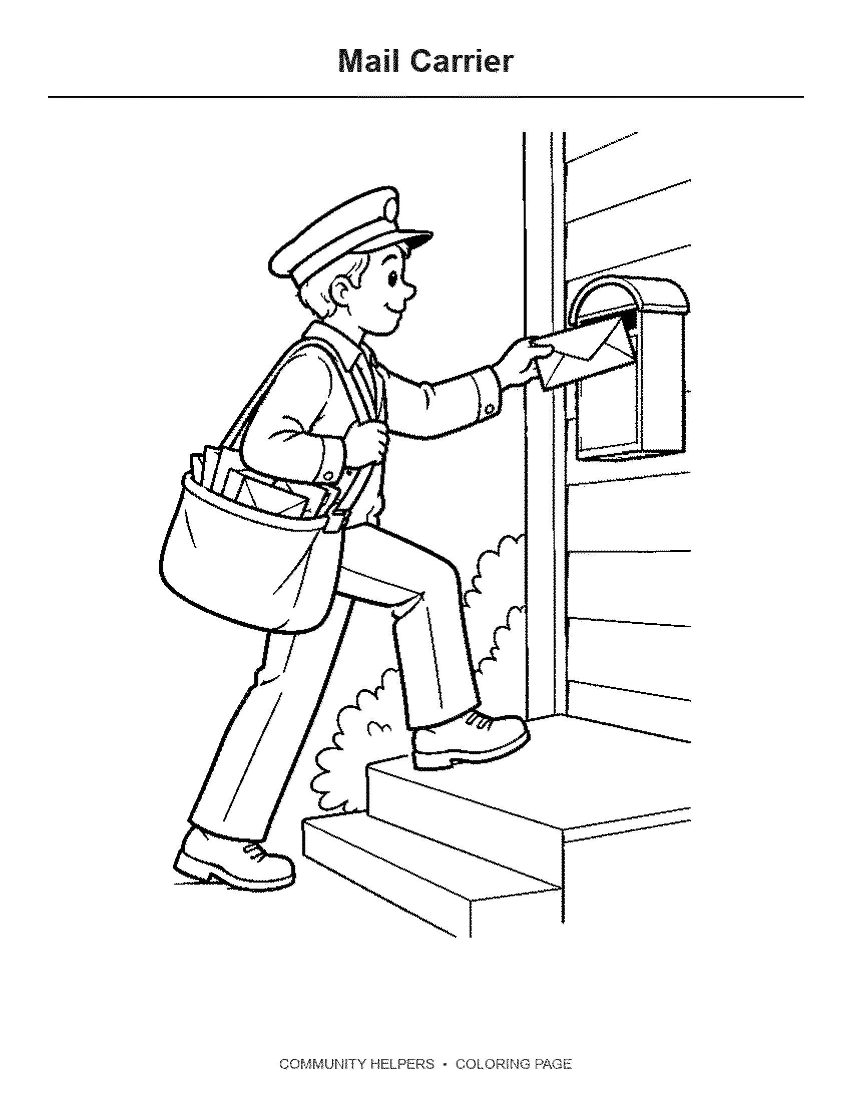 Mail Carrier Coloring Page: A mail carrier walks with a mailbag and one oversized envelope.