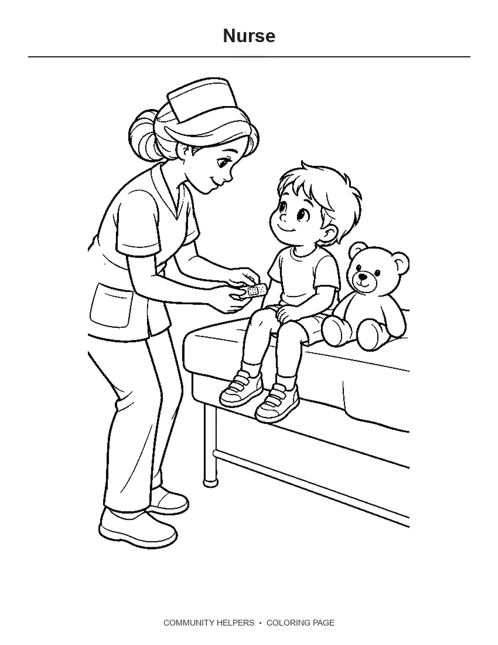 Nurse Coloring Page: A nurse gently checks a teddy bear on a low clinic bed.