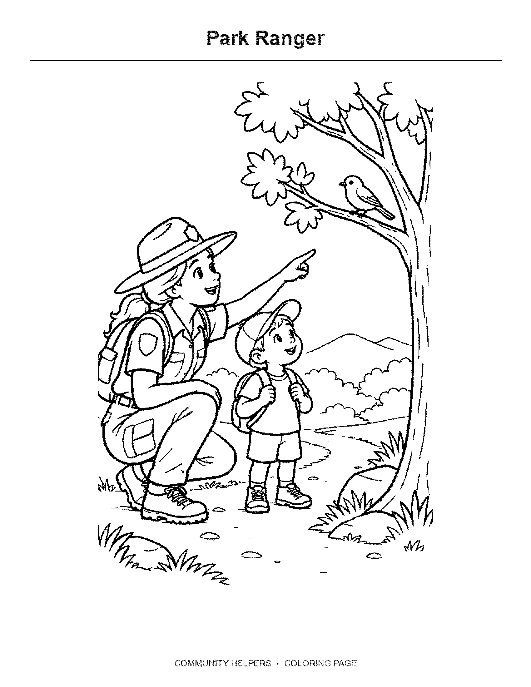 Park Ranger Coloring Page: A park ranger points out a young tree on a nature trail.