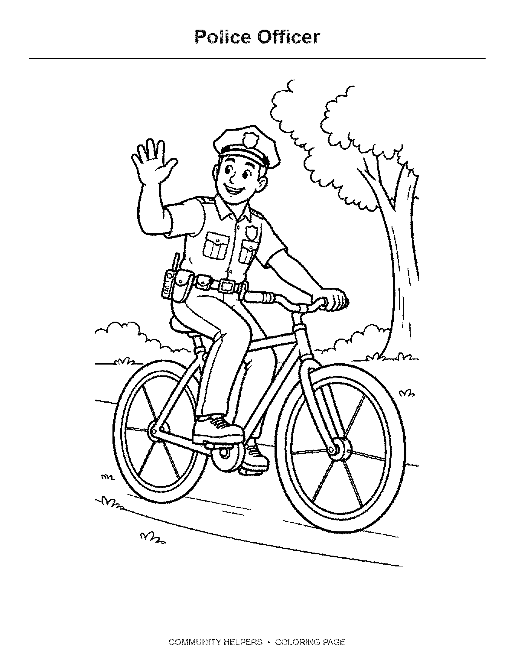 Police Officer Coloring Page: A police officer directs a small car to stop at a crosswalk.