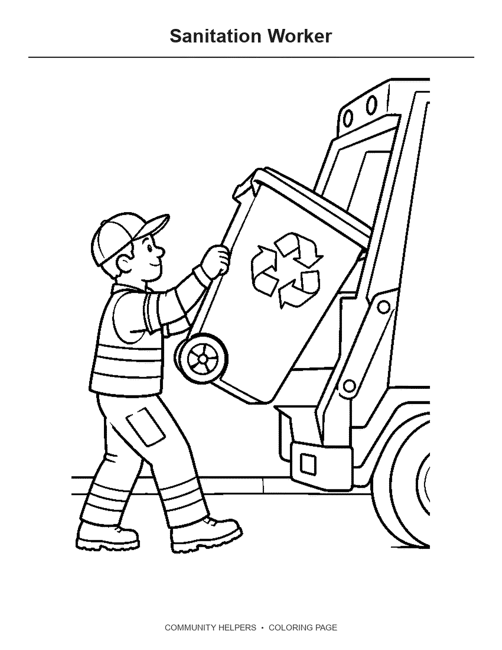 Sanitation Worker Coloring Page: A sanitation worker rolls a recycling cart to the curb.
