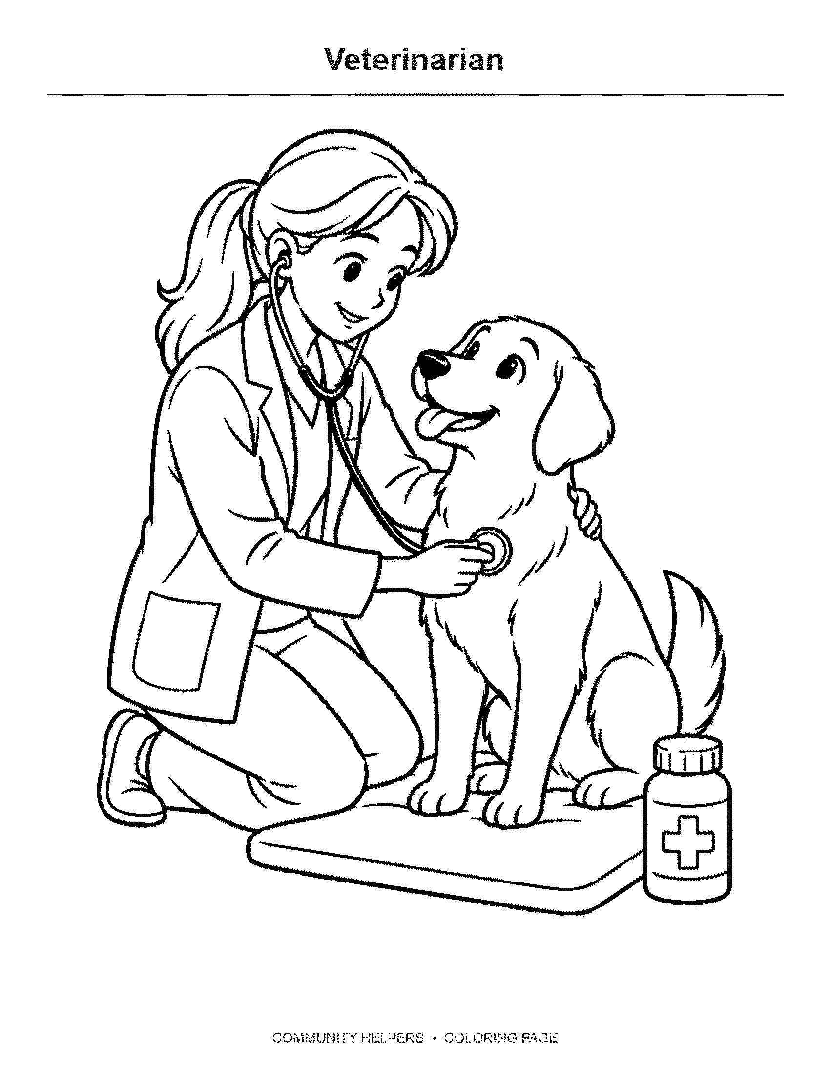 Veterinarian Coloring Page: A veterinarian kneels to examine a friendly dog.