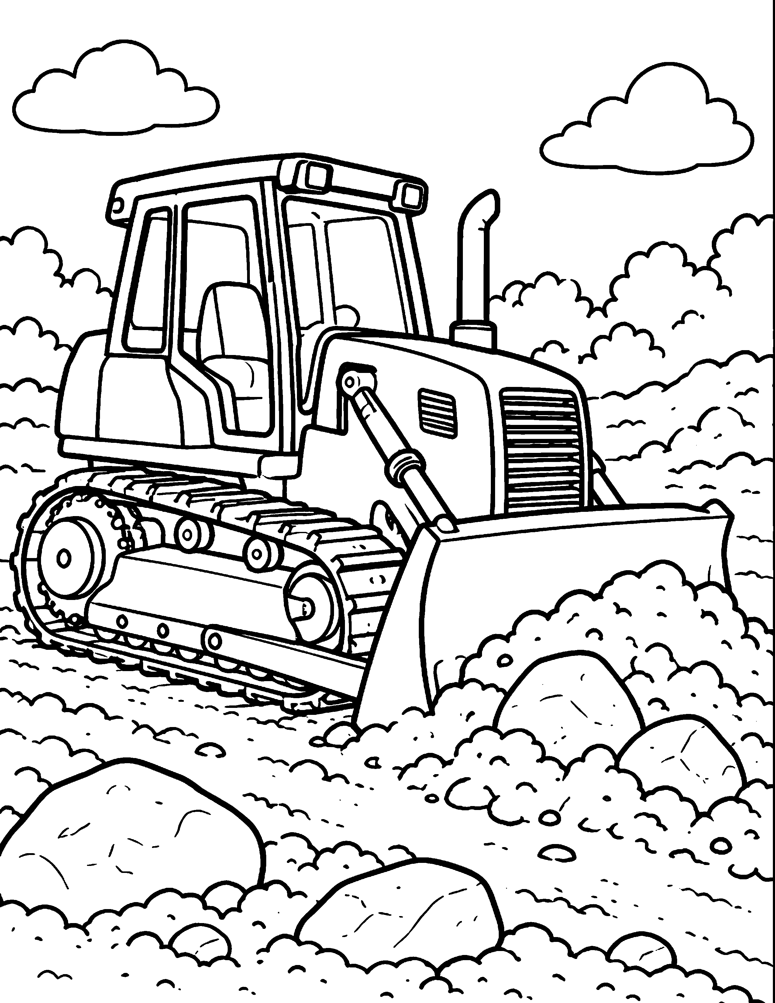 Bulldozer construction coloring page: A sturdy bulldozer pushes earth with its wide front blade.