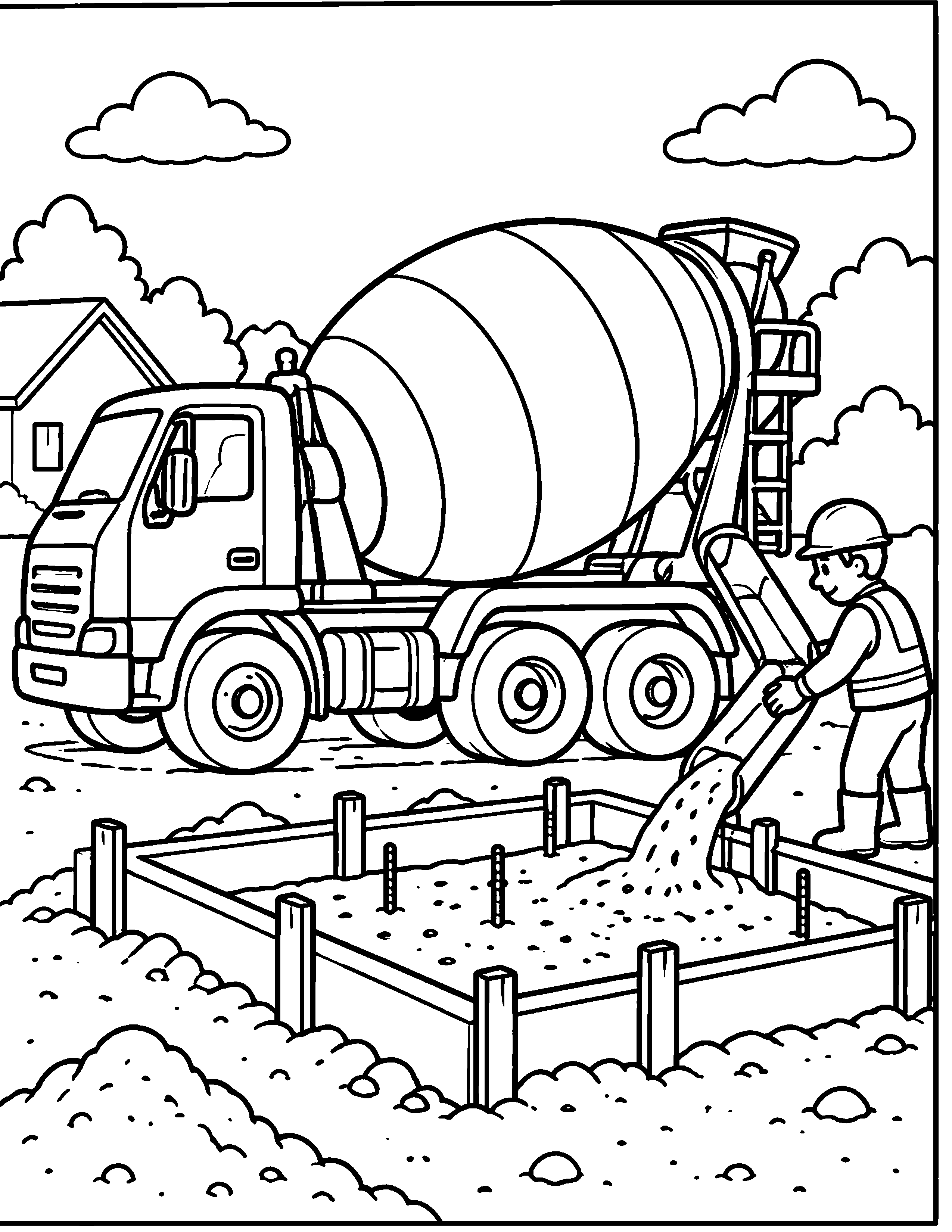 Cement Mixer Truck construction coloring page: A mixer truck pours concrete into a simple foundation.