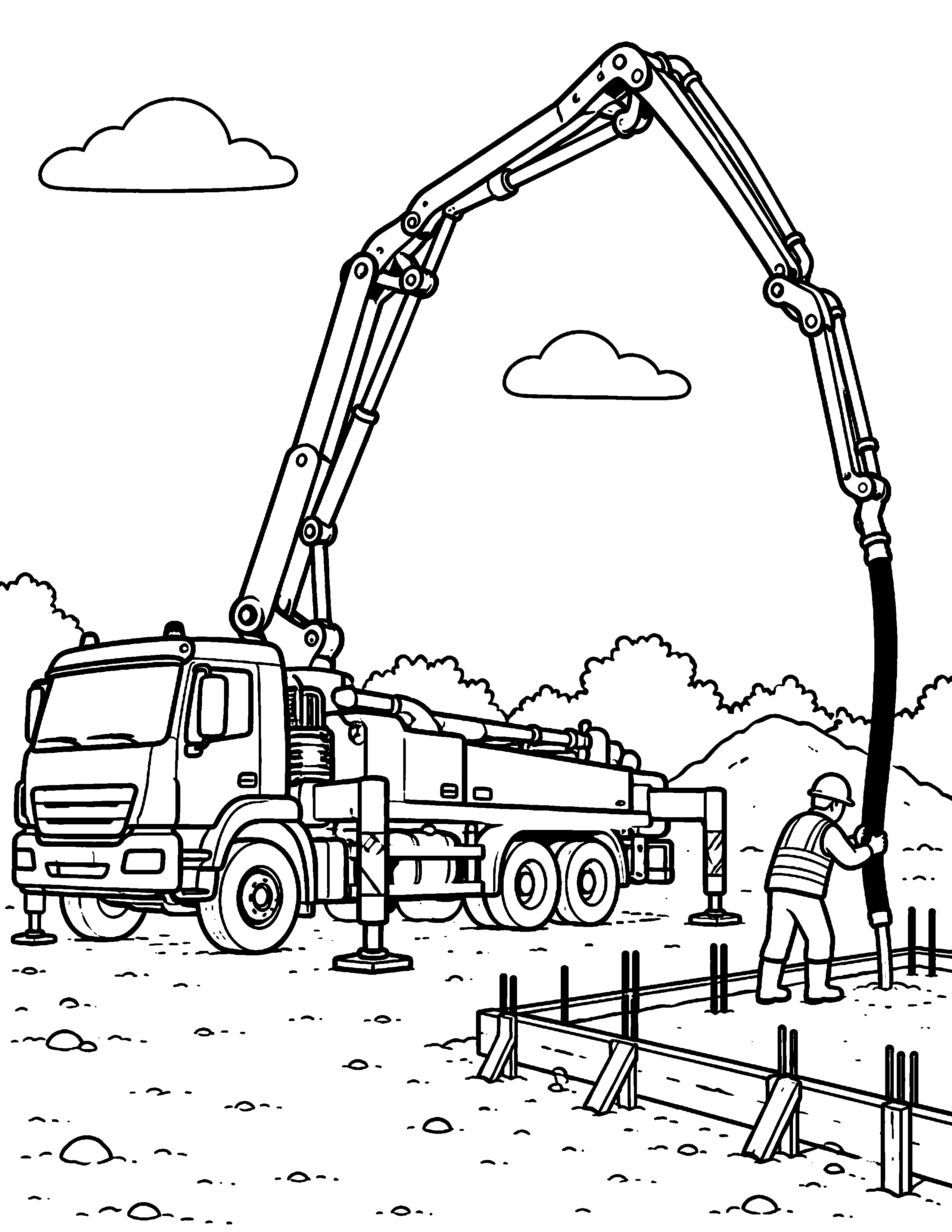 Concrete Pump Truck construction coloring page: A pump truck bends its long boom over a small foundation.