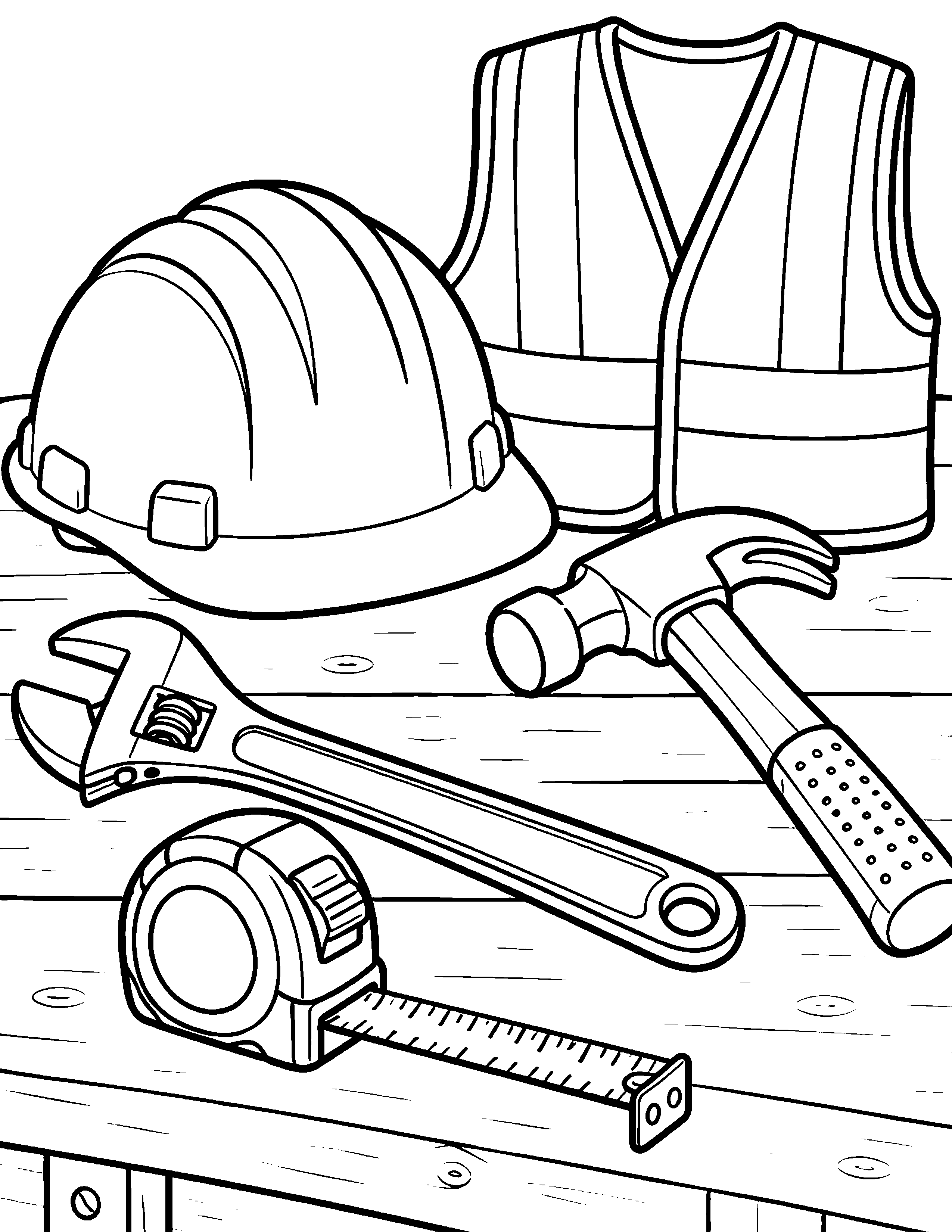 Construction Tools construction coloring page: A hard hat, safety vest, hammer, wrench, and tape measure sit on a workbench.