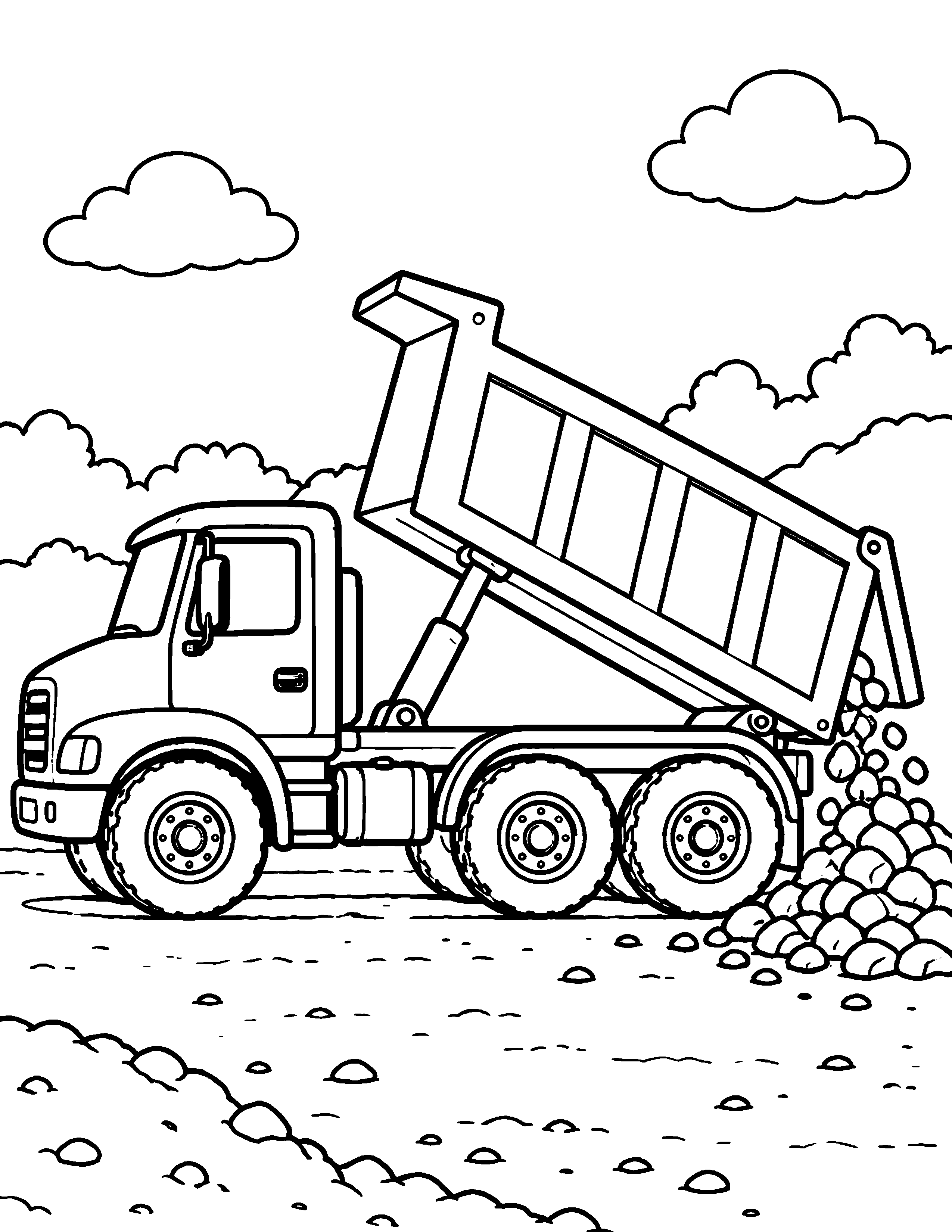 Dump Truck construction coloring page: A dump truck tips a small load of gravel at the site.