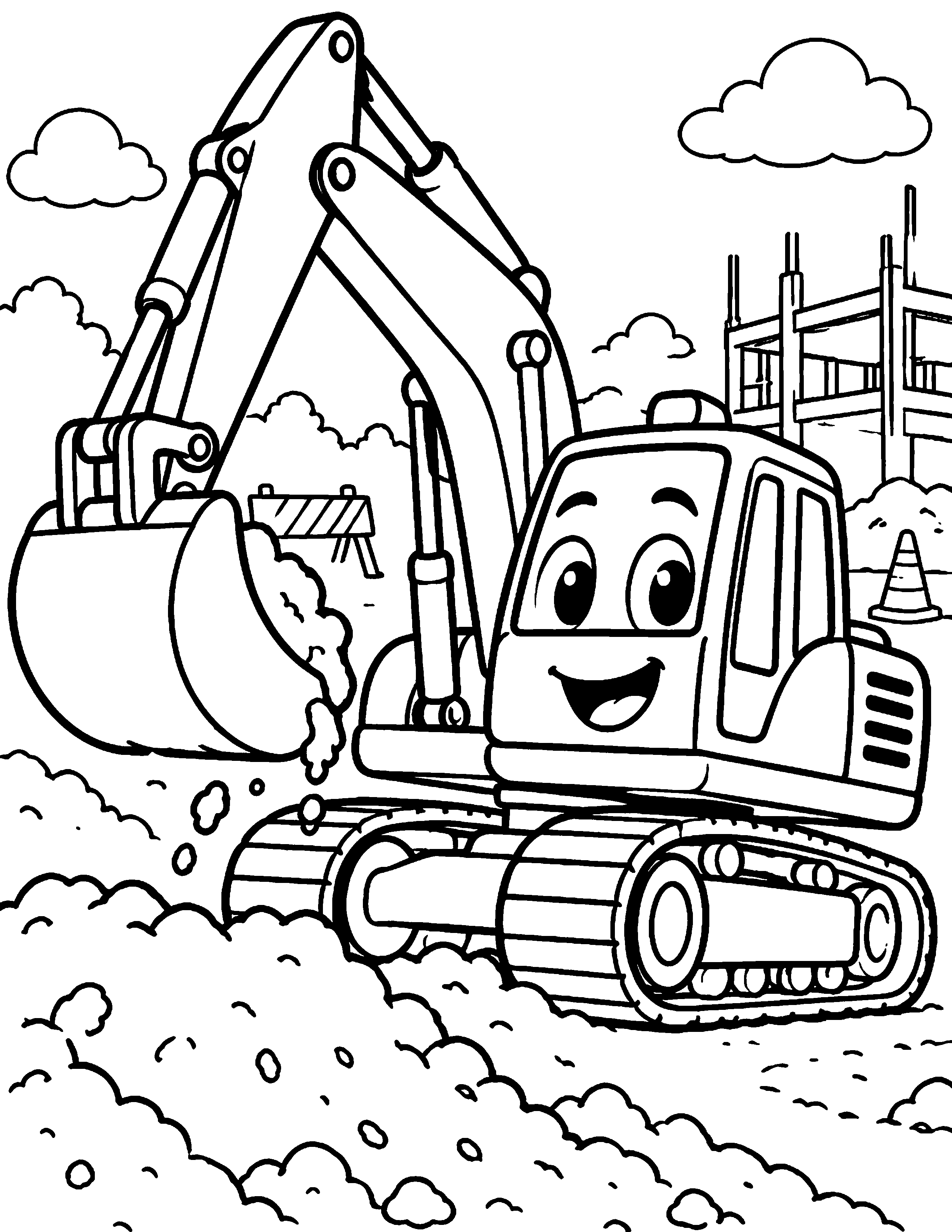 Excavator construction coloring page: A friendly excavator scoops soil at a small building site.