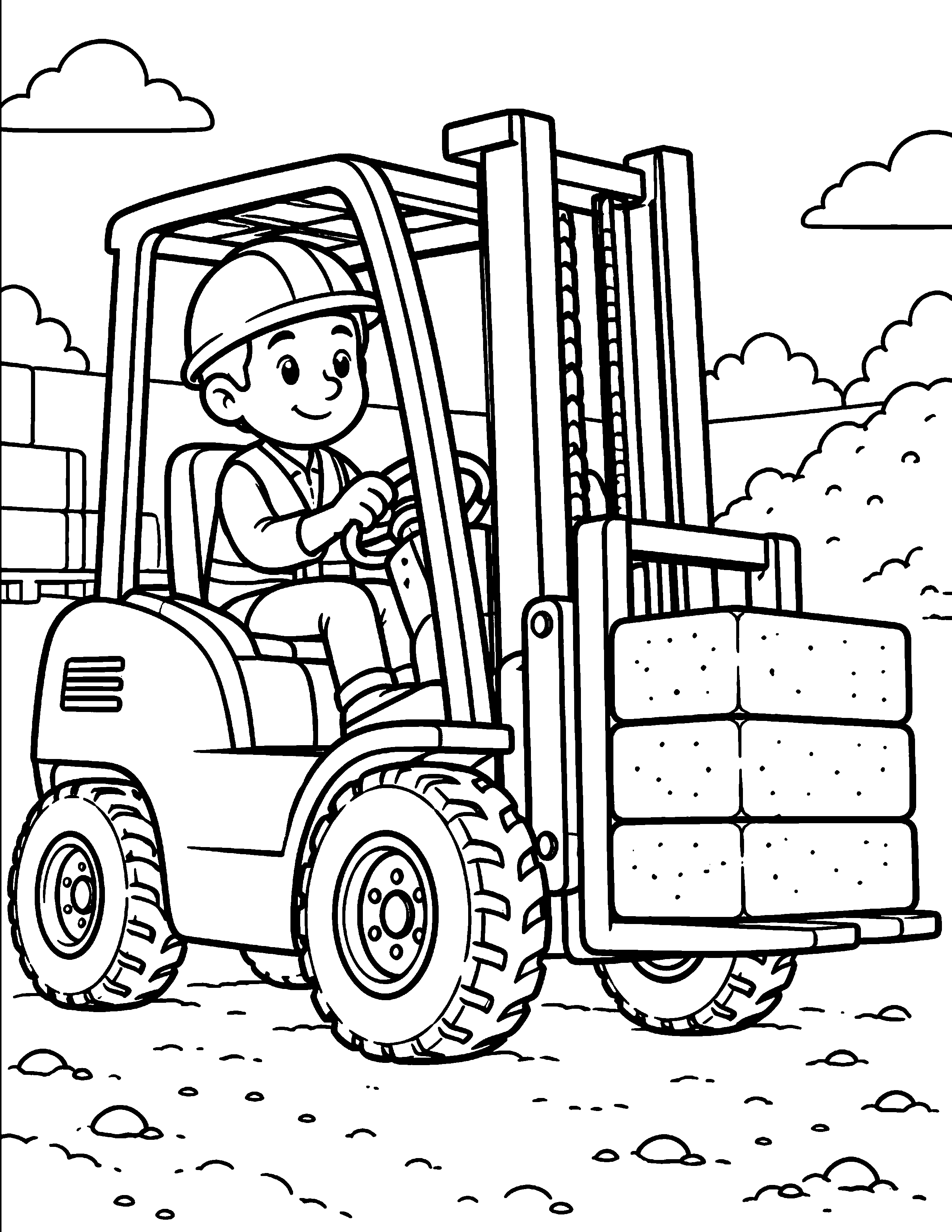 Forklift construction coloring page: A forklift carries a neat stack of bricks across the site.