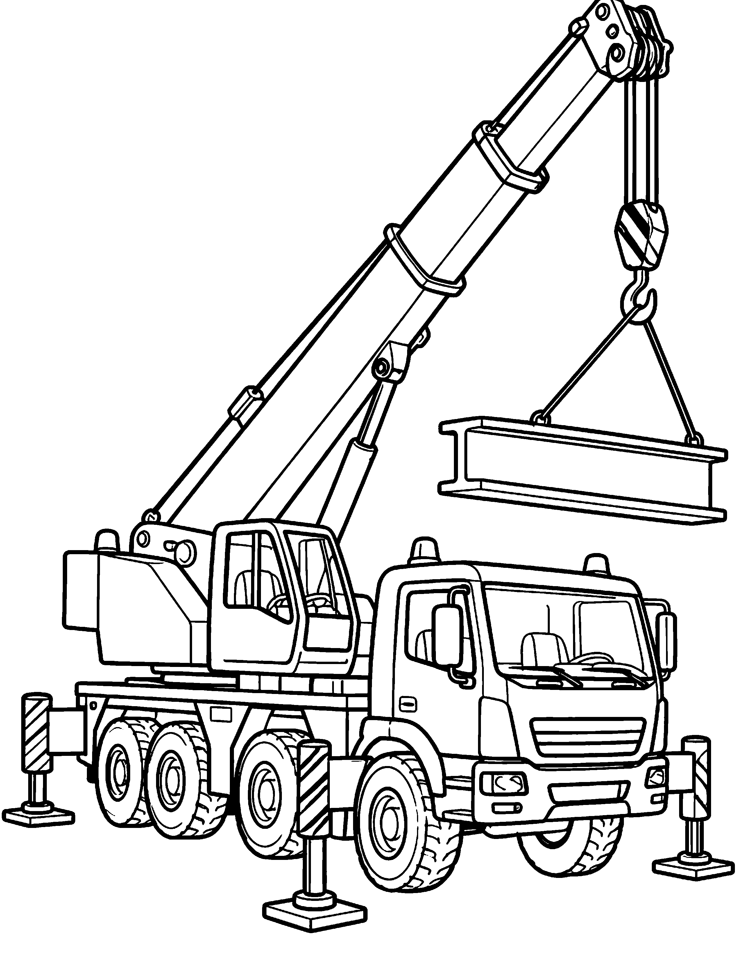 Mobile Crane construction coloring page: A mobile crane raises a long beam with its lifting cable.