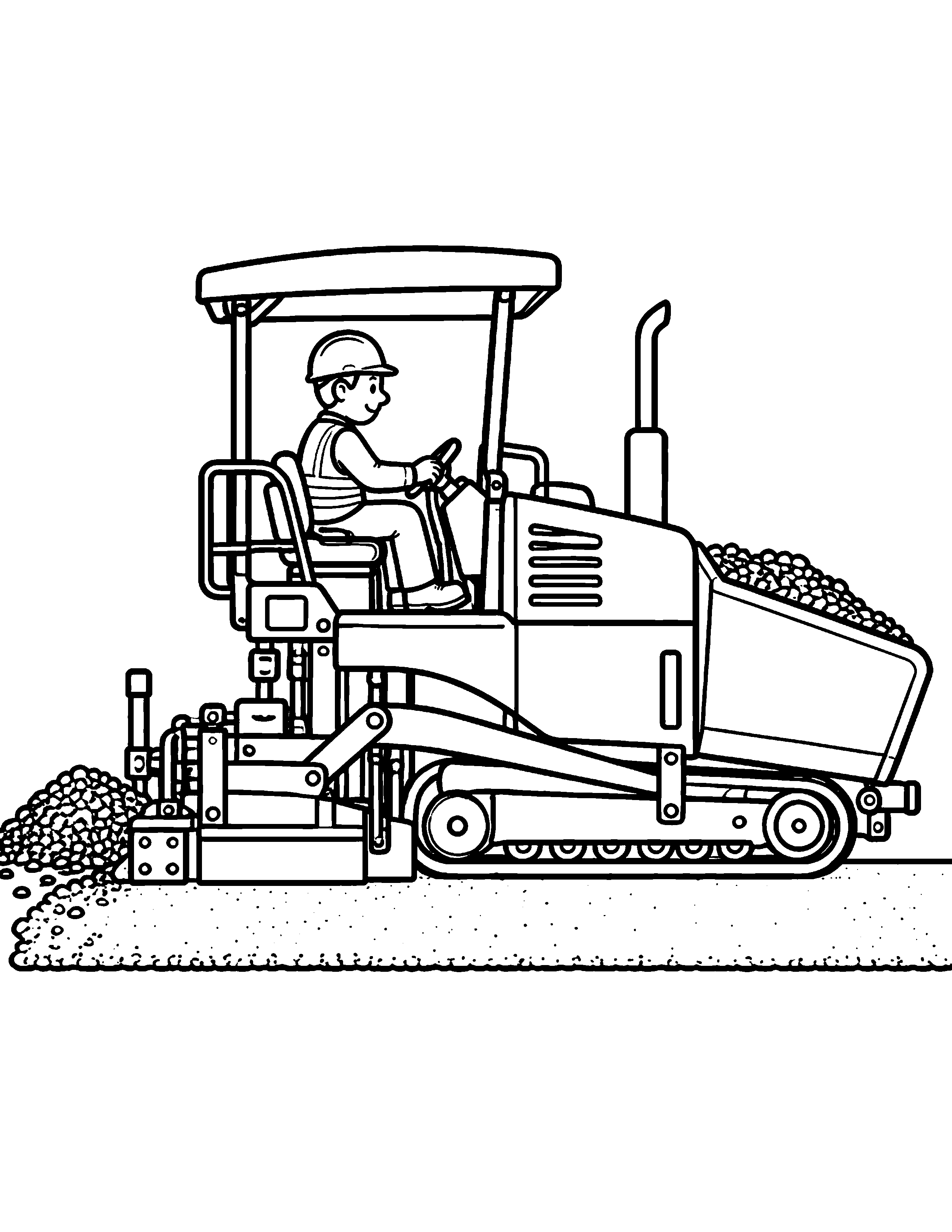 Asphalt Paver construction coloring page: An asphalt paver lays a smooth, dark road surface.