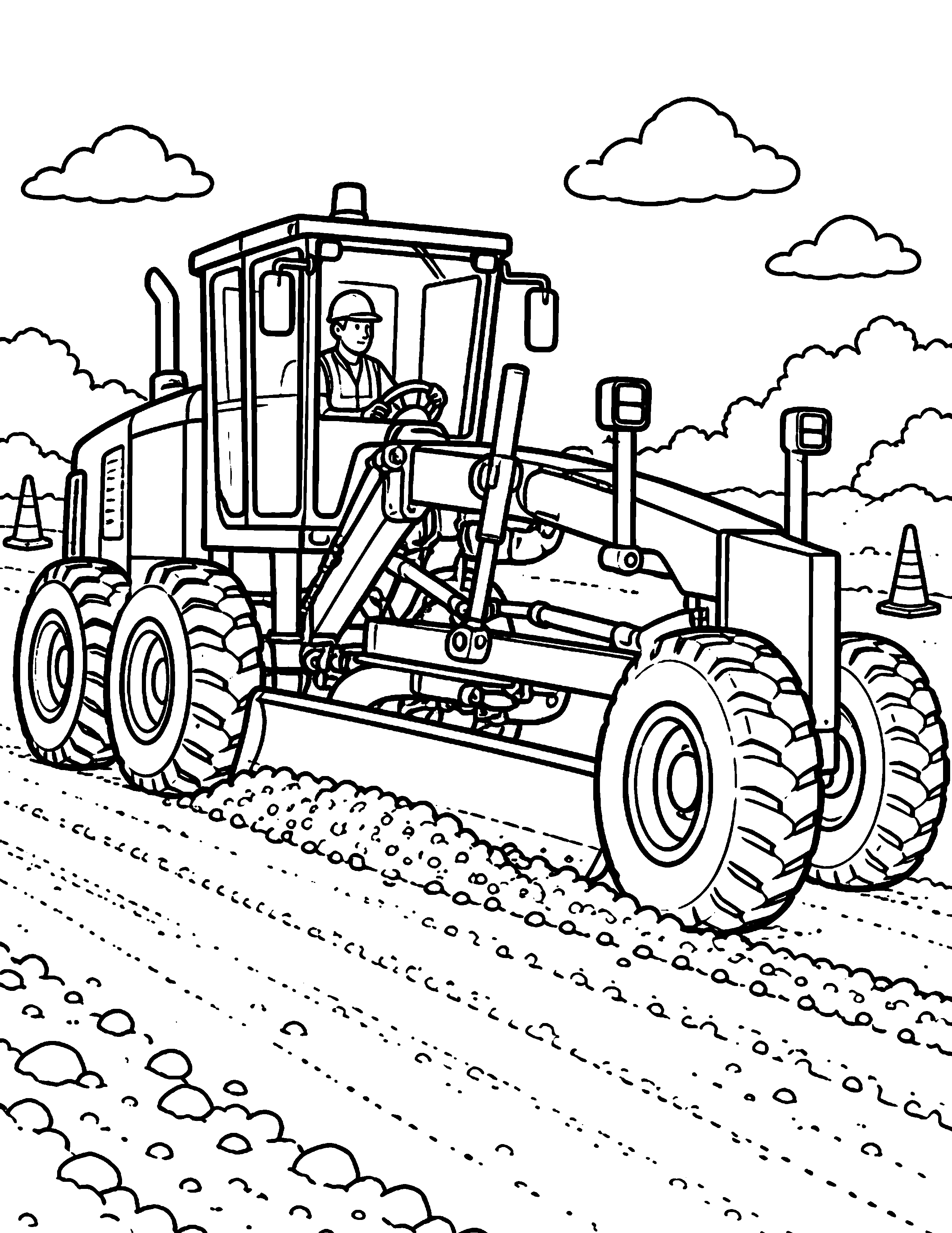 Road Grader construction coloring page: A road grader levels a gravel road with its long blade.