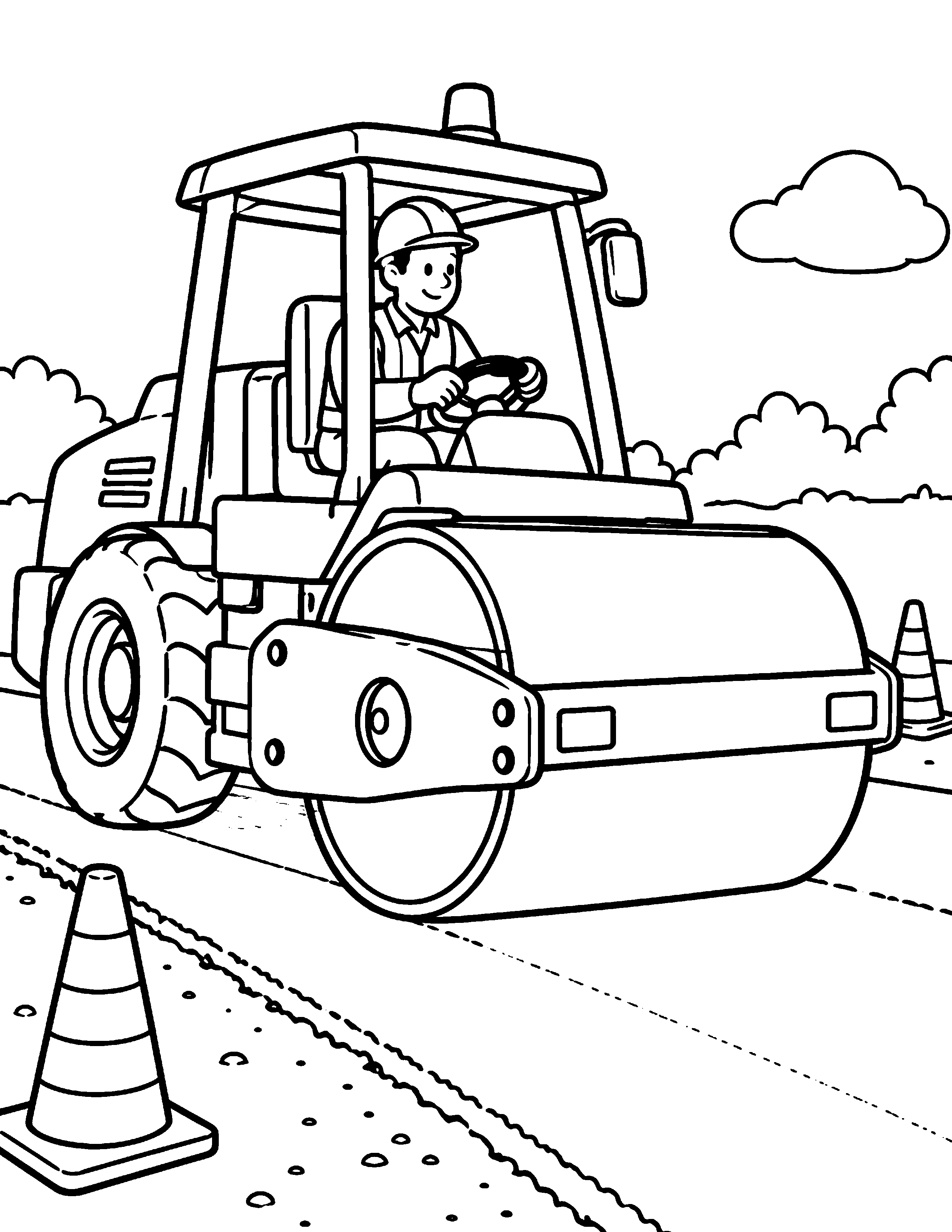 Road Roller construction coloring page: A road roller smooths a new stretch of road.