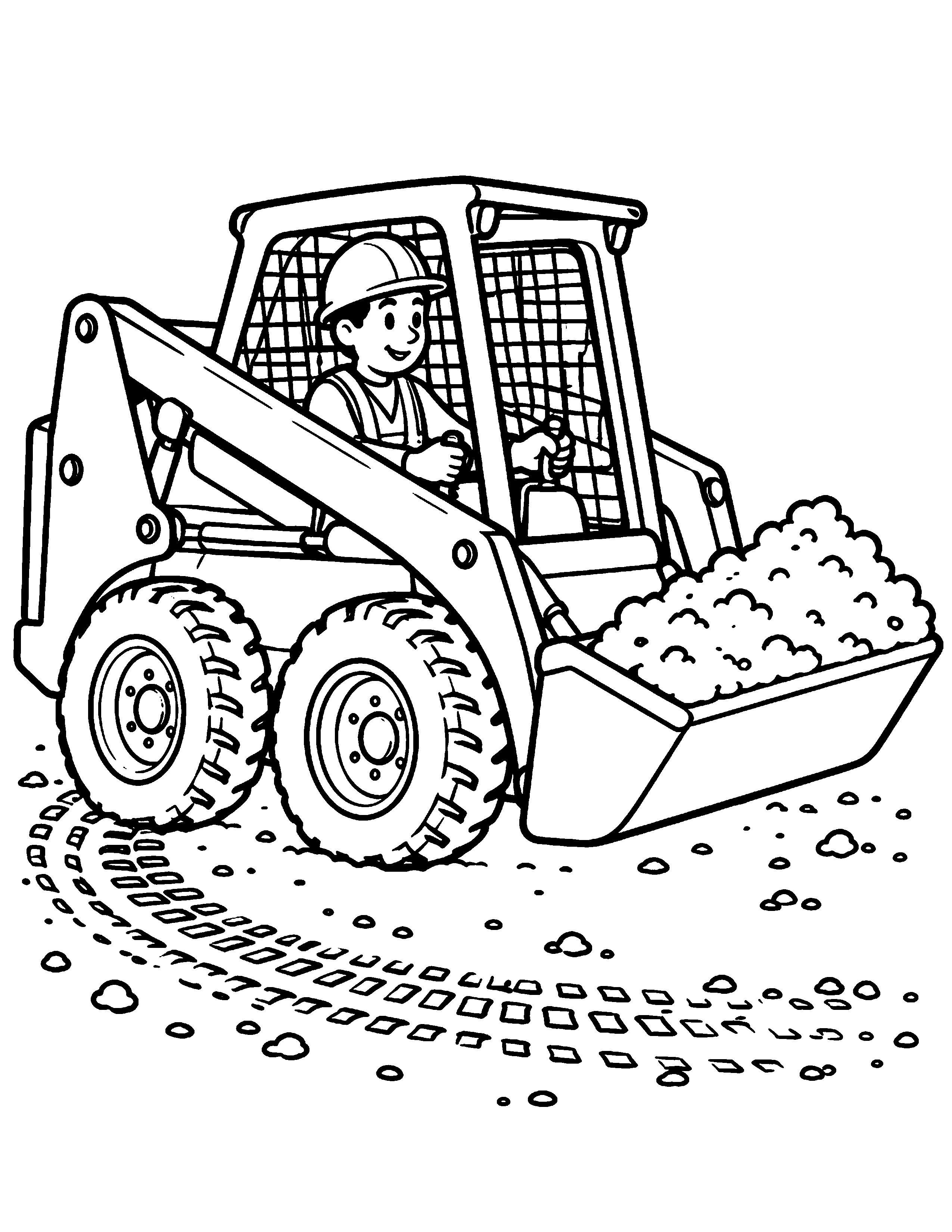 Skid-Steer Loader construction coloring page: A compact skid-steer loader carries soil in its bucket.