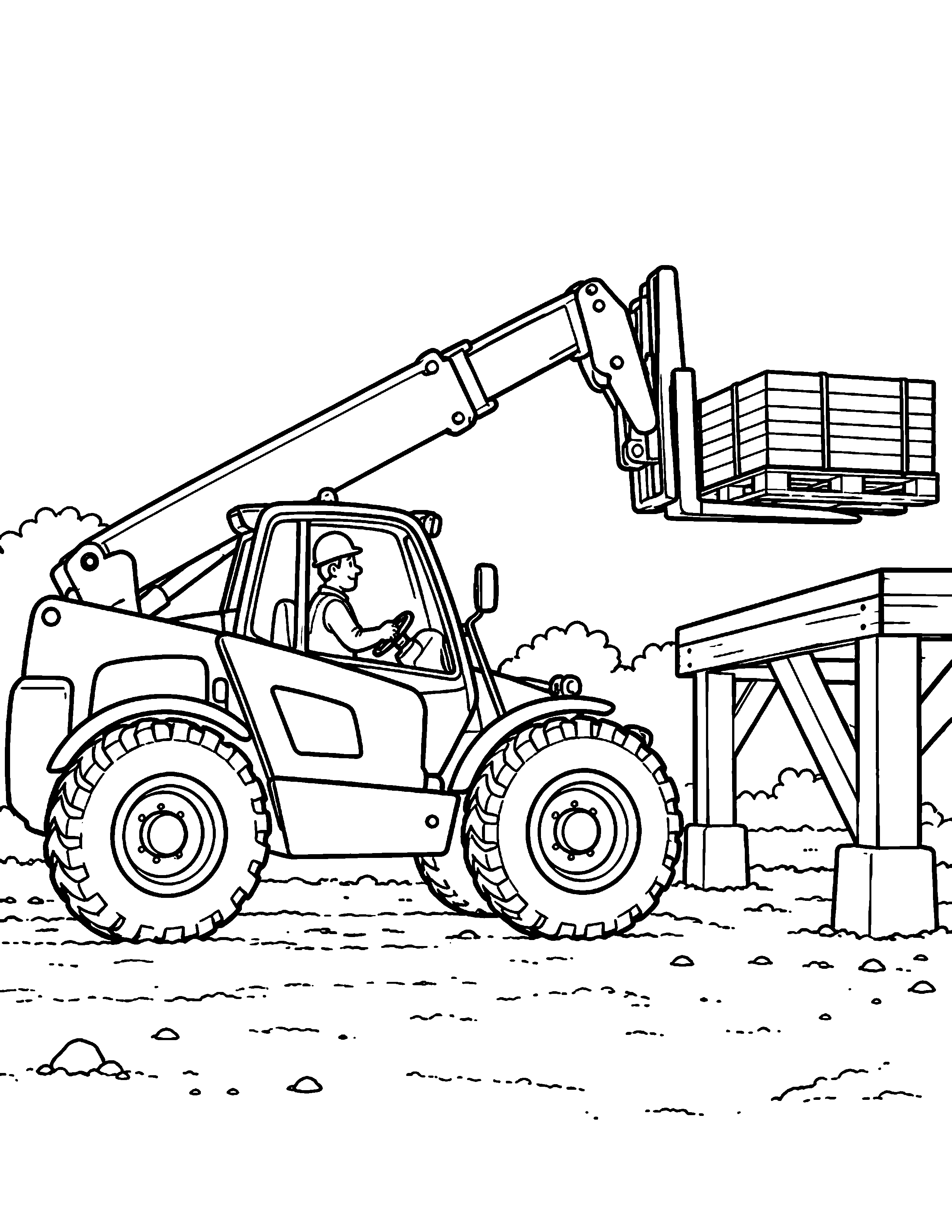 Telehandler construction coloring page: A telehandler lifts a pallet of lumber to a low platform.