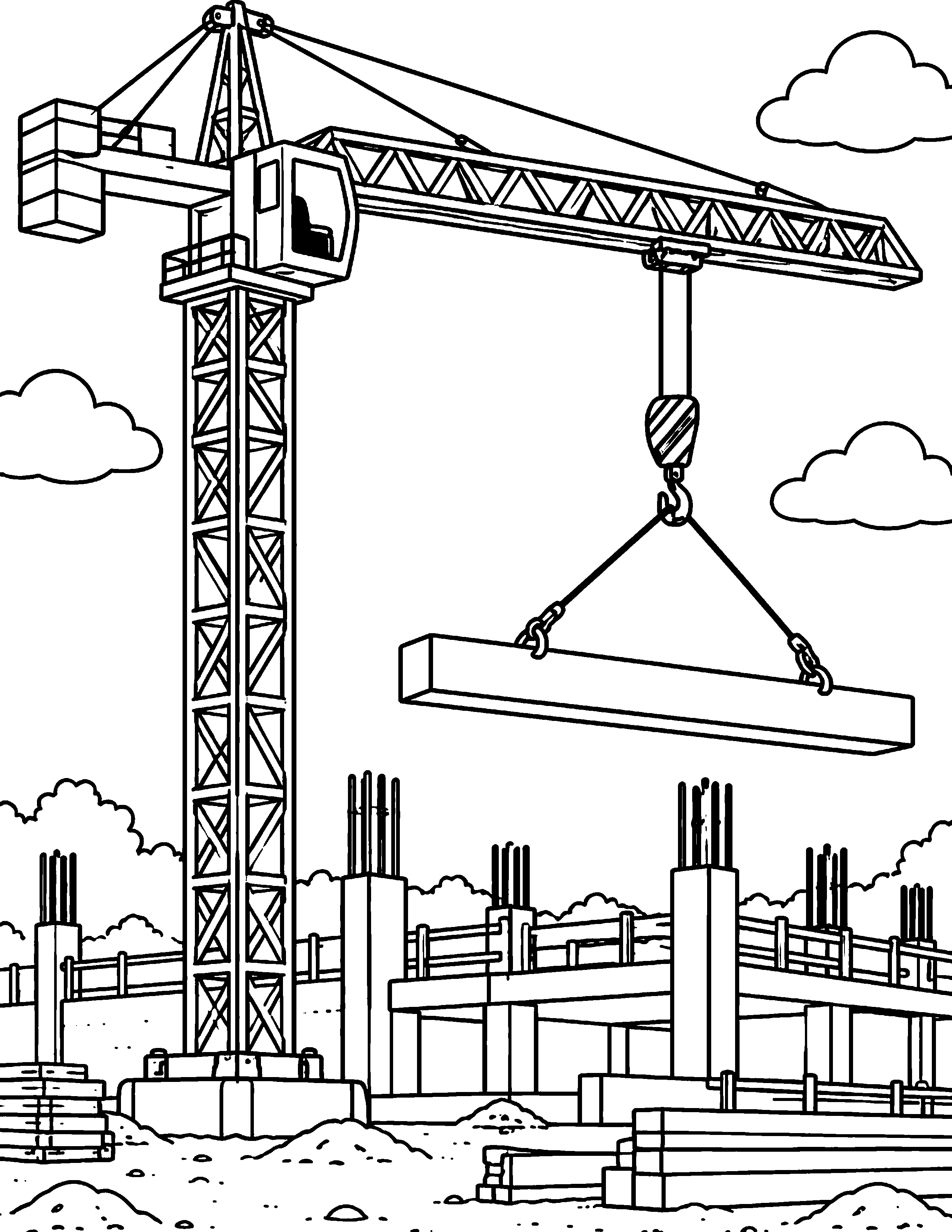Tower Crane construction coloring page: A tower crane carefully lifts a beam above a new building.